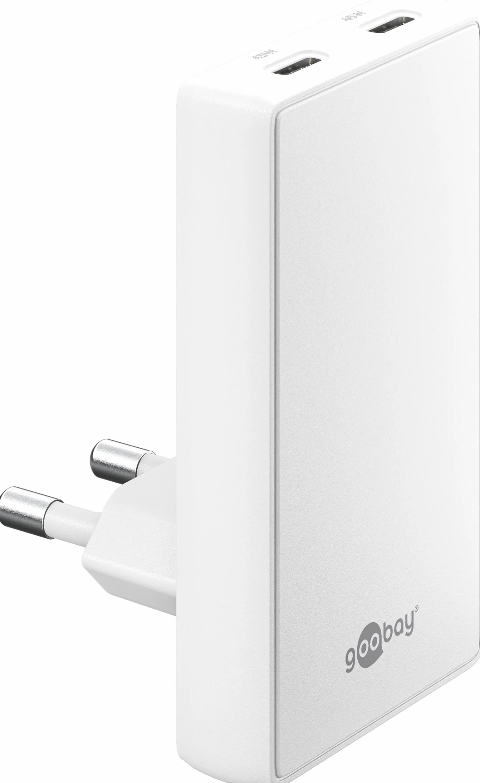 goobay GaN Caricatore USB C piatto da 45 W, doppia porta (2 x USB-C), design piatto a 90°, ultra sottile e salvaspazio, per Apple, Samsung, Huawei, tablet, ecc.,bianco,75722