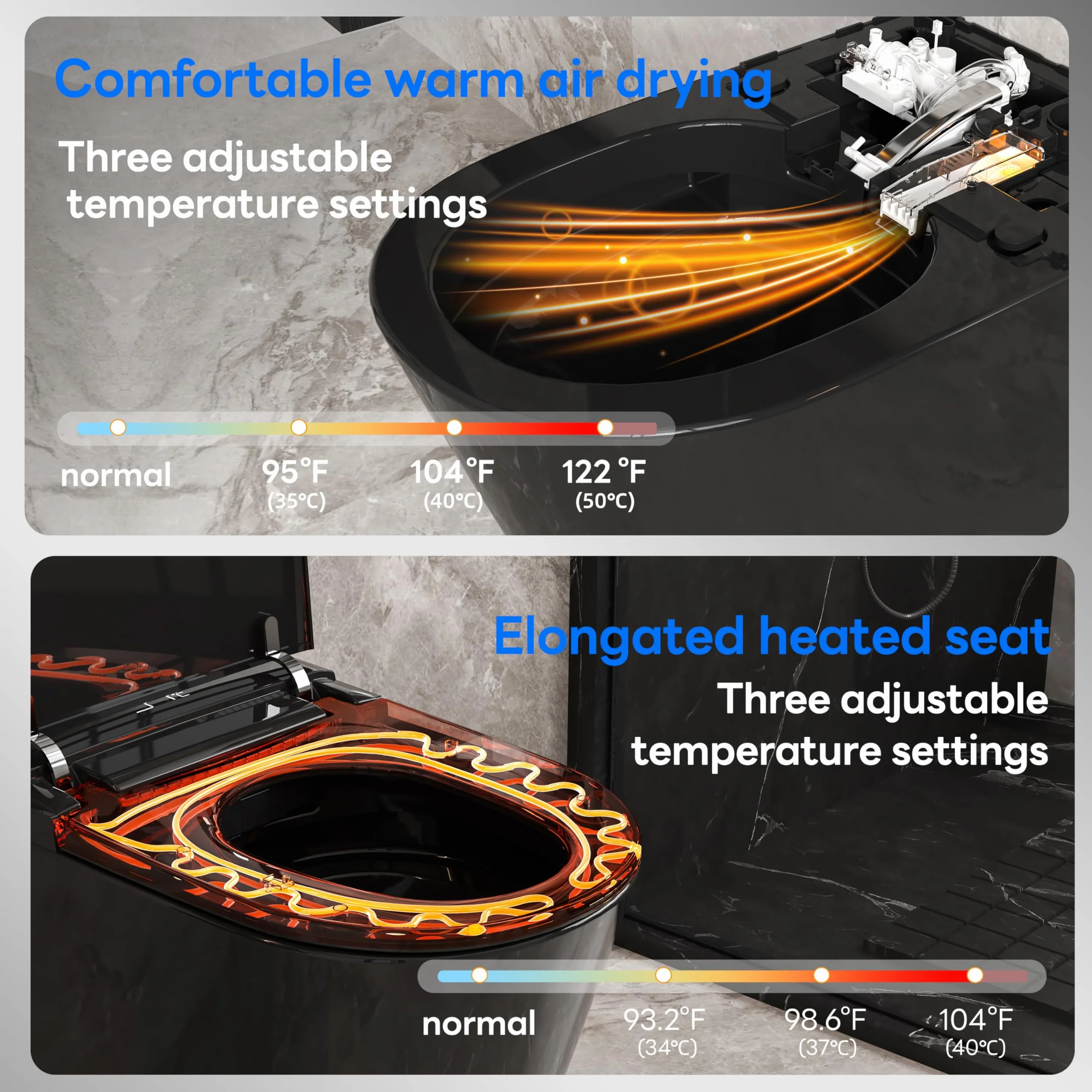 Smart WC nero da appendere alla parete, scarico automatico, coperchio con apertura e chiusura automatica, sedile riscaldato, acqua calda/asciugatrice, moderno bidet allungato con supporto a