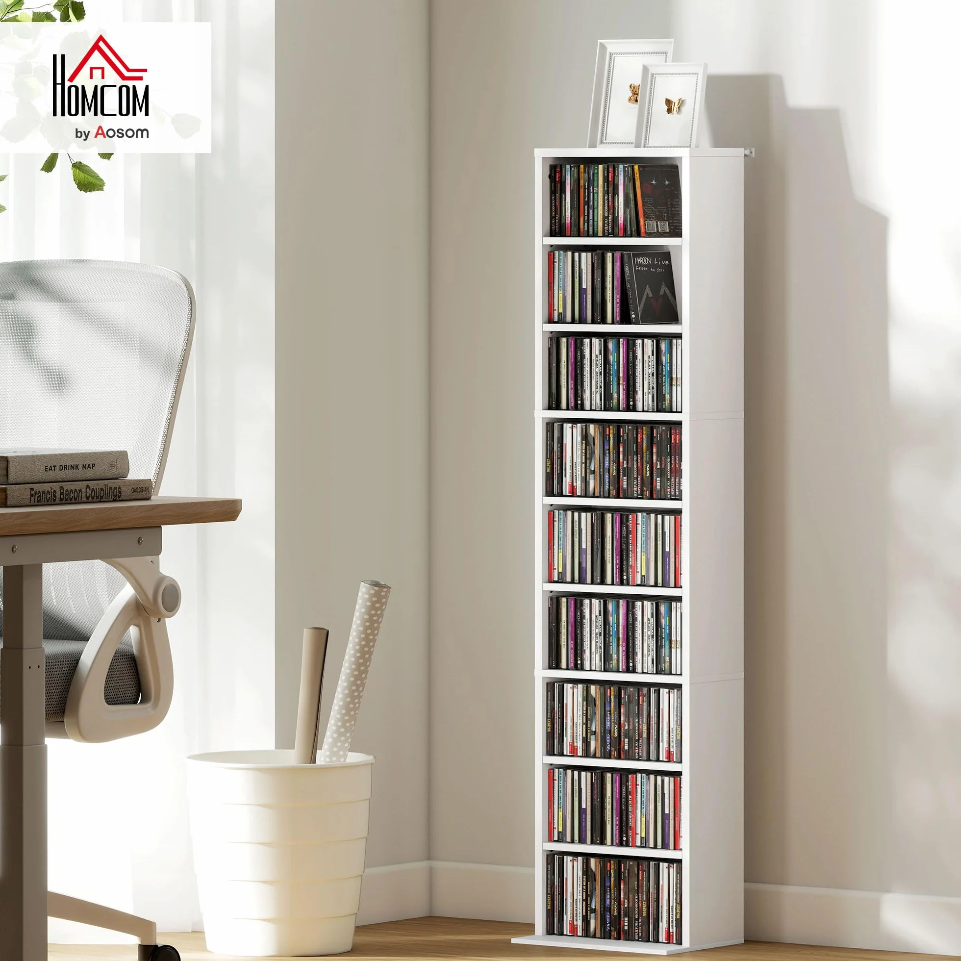 HOMCOM Mobile Porta CD con 6 Ripiani Regolabili, Scaffale Porta 260CD/120DVD Salvaspazio in Legno, Mobile Portacd con 9 Scomparti, per Soggiorno, Camera da Letto, Ufficio, 33x24x140 cm, Bianco