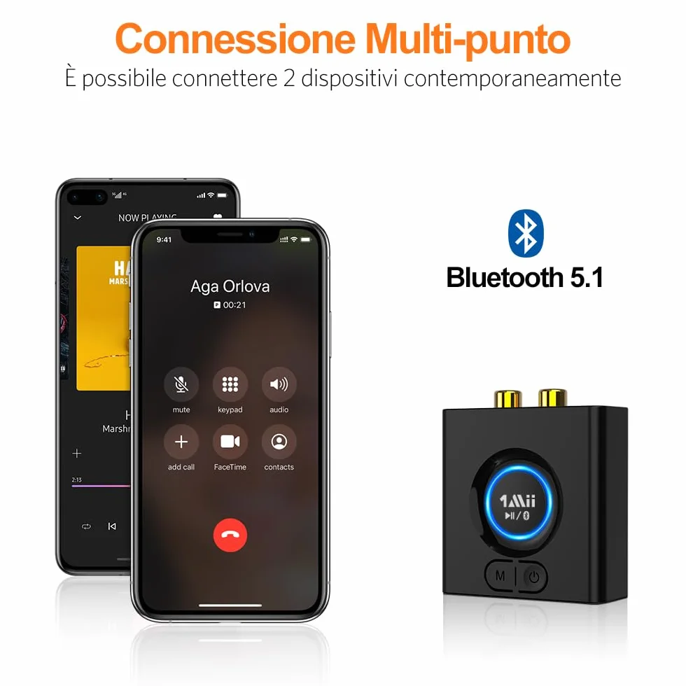 1Mii Ricevitore Bluetooth HiFi, Adattatore Audio Bluetooth 5.1 RCA/AUX 3,5mm Jack con Batteria da 12 Ore, con Modalità Bassi, Bassa Latenza per Impianto Stereo, Amplificatore, Casse Attive- ML200