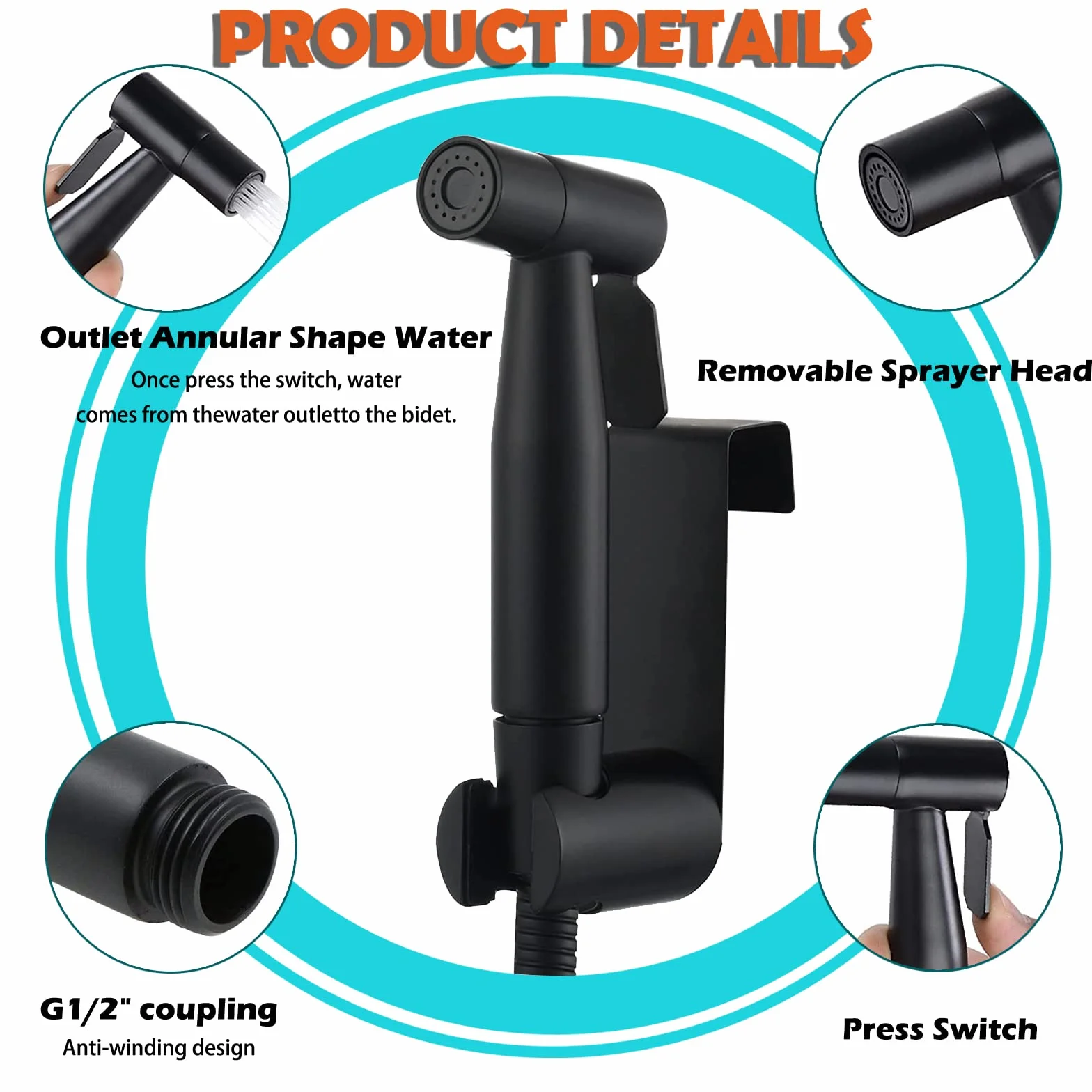 Set di doccetta per bidet, in acciaio inox spazzolato, bidet con valvola G1/2" e un adattatore G3/8" per doccia, bagno, carta igienica, pulizia dei pannolini (nero)