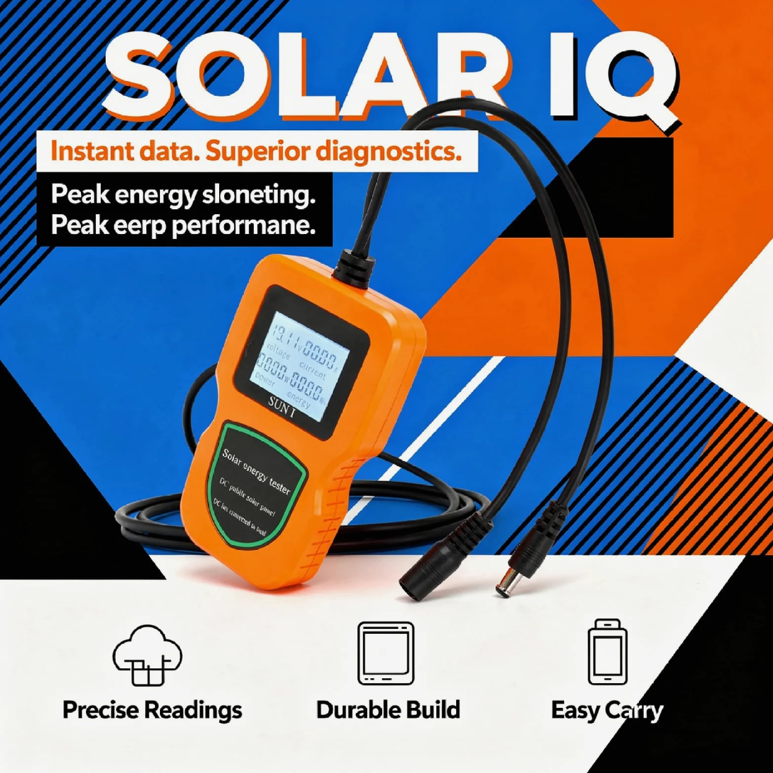 Tester per pannelli solari, 500 W, multimetro fotovoltaico LCD arancione, ampio raggio 5 W-500 W, display corrente di tensione, retroilluminazione, include clip di alimentazione, per analisi
