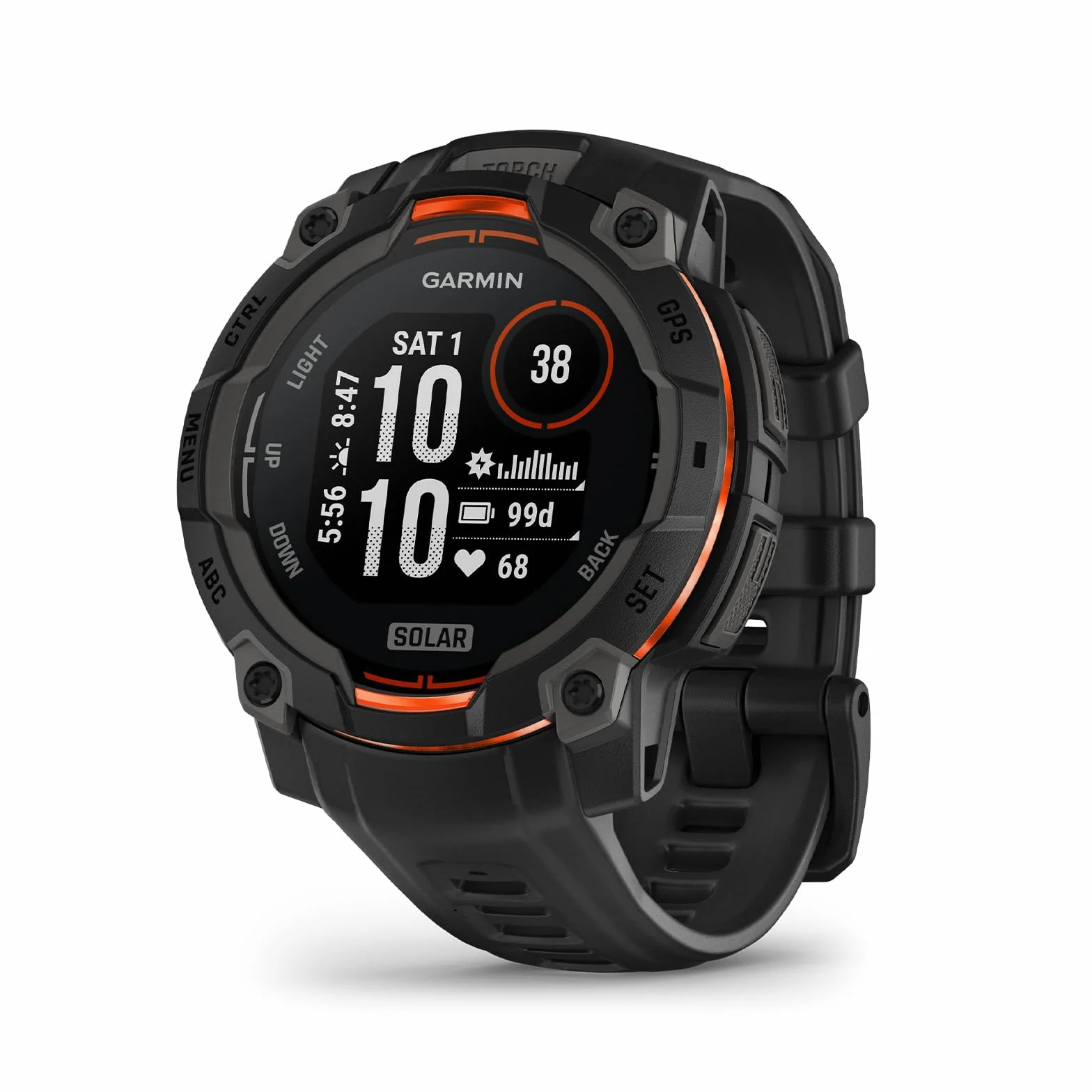 Garmin Instinct 3, Smartwatch, 45mm, Display SOLAR, Lunetta in alluminio, GPS Multi-band, 10ATM, Torcia LED, 90+ App per lo Sport, Pay, Connect IQ, Autonomia 28 giorni, Black Bezel