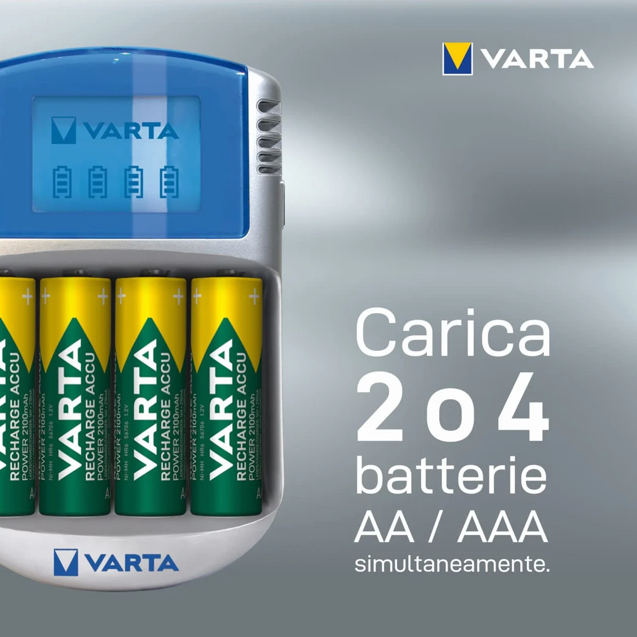Varta Caricabatterie LCD per AA/AAA con 4 Batterie AA 2600 mAh, Adattatore 12V e Cavo USB Inclusi