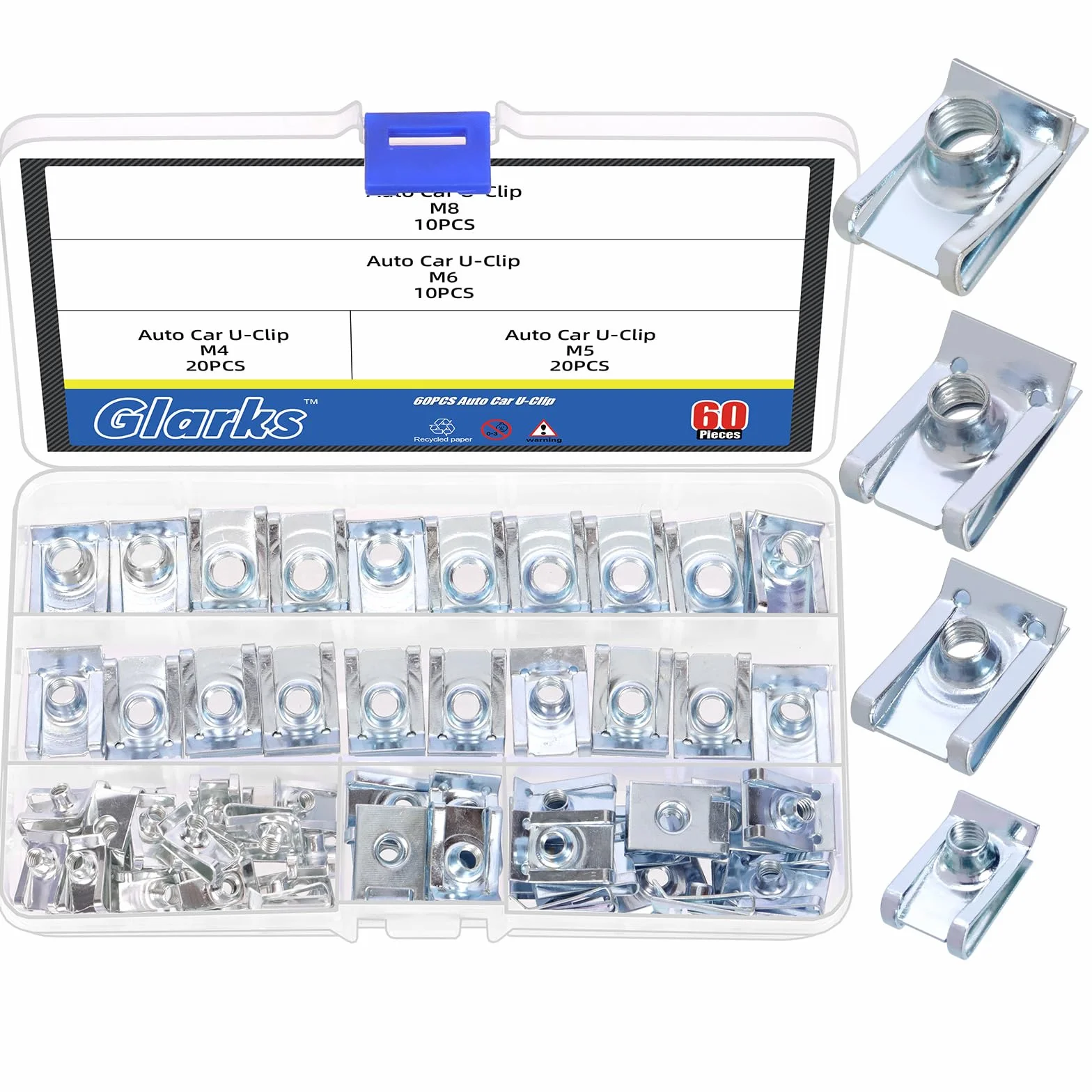 Glarks Set di 60 dadi a clip M4 M5 M6 M8 a U in acciaio al carbonio per motore