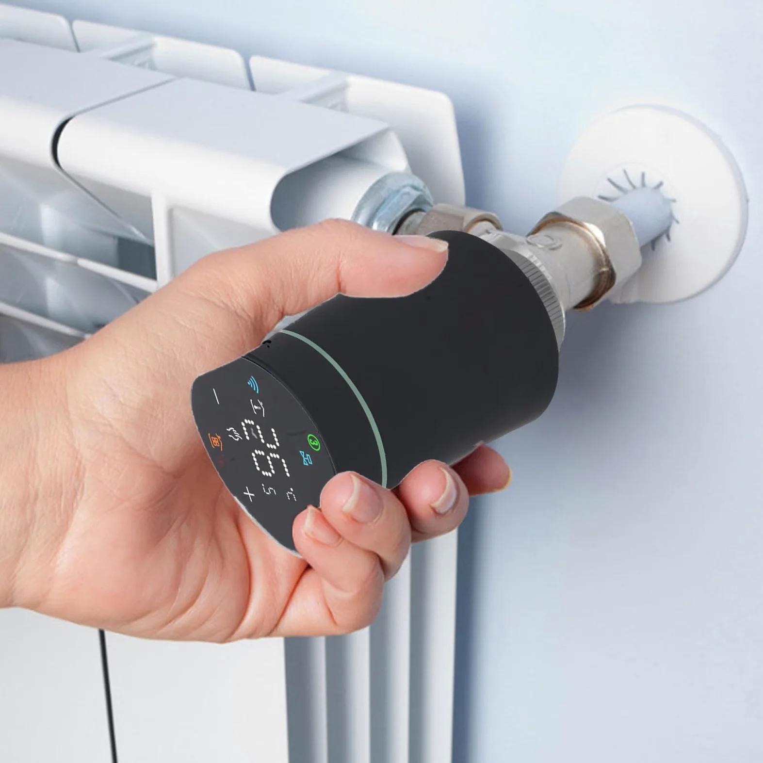 FTVOGUE Termostato Intelligente Valvola per Termosifone Valvola Termostatica Programmabile con Display LCD APP Controllo Vocale Programma 5+2 6+1 7 Giorni per Smart Life 2.4G (BLACK)