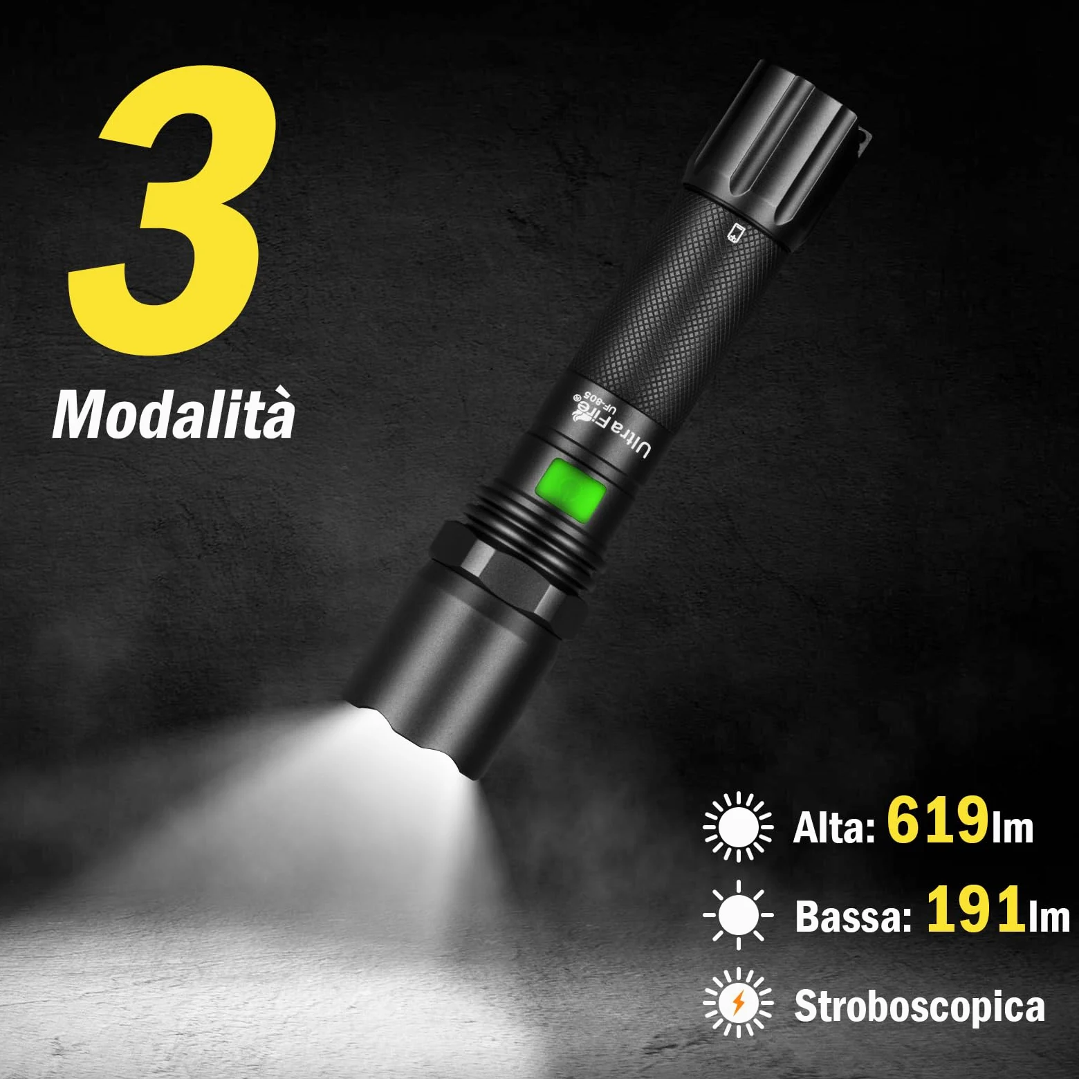 UltraFire Torcia a LED ricaricabile da 12 pollici, 619 lumen, torcia di sicurezza, 3 modalità con lampeggio rosso, USB-C, per il controllo del traffico, aeroporto, vigili del fuoco, parcheggio