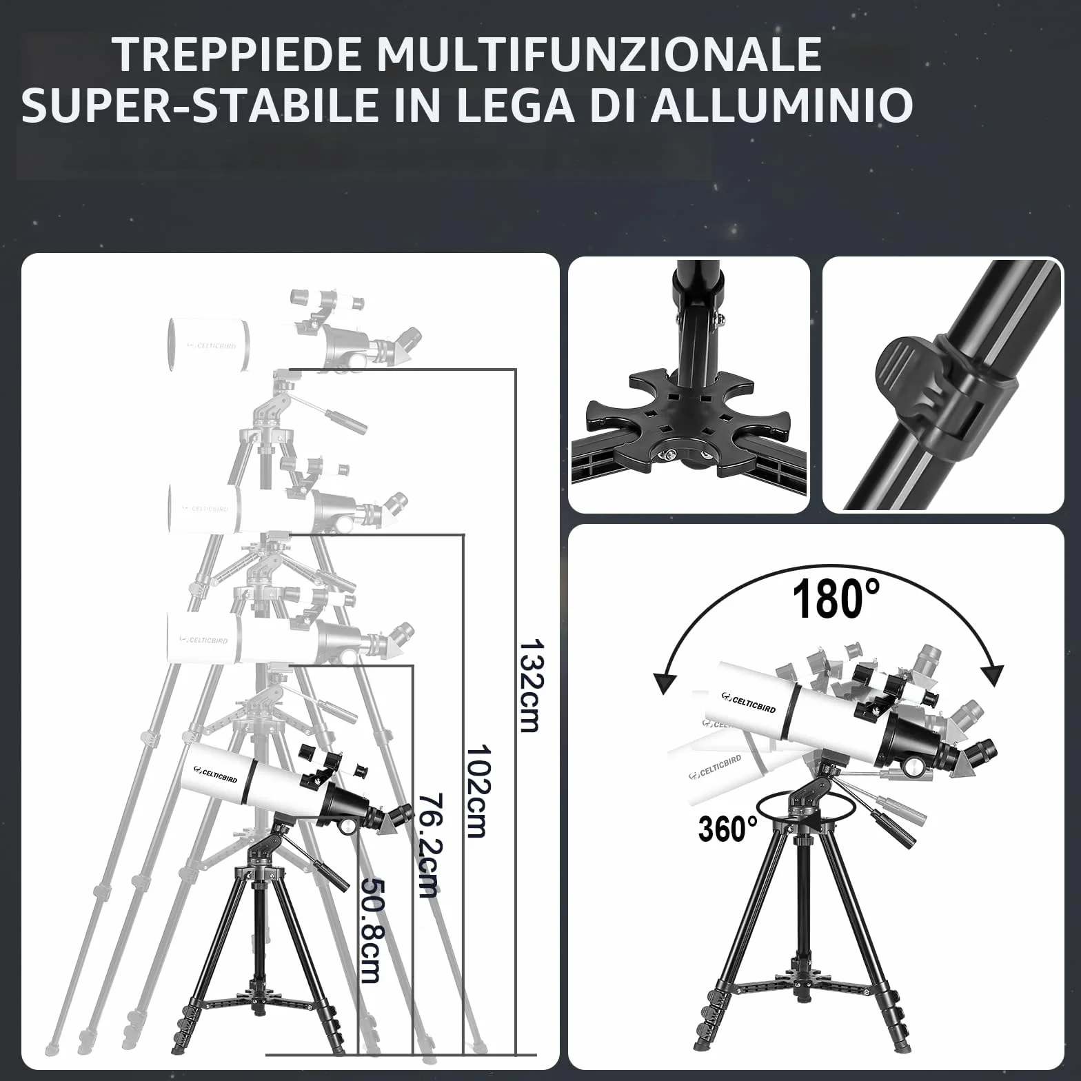 CELTICBIRD Telescopio 80AZ per adulti, telescopi da viaggio ad alta potenza per principianti dell'astronomia, telescopio rifrattore da 80 mm di apertura e 600 mm di lunghezza focale con montatura AZ