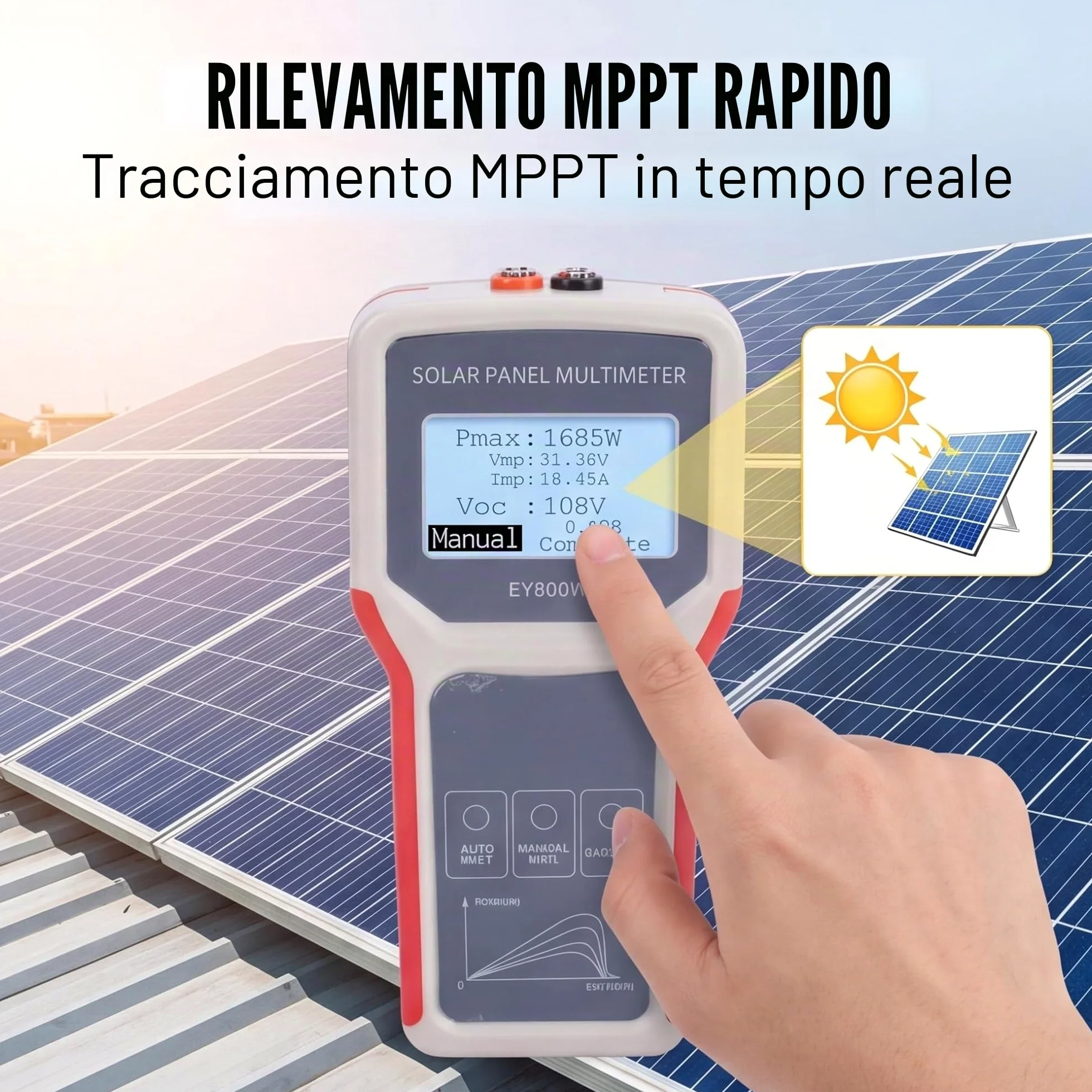 Sxhlseller Tester per Pannelli Solari 5-800 W, 12-60 V 0-35 A MPPT Multimetro Fotovoltaico con Display LCD per la Misurazione Manuale o Automatica della Potenza dei Componenti del Fotovoltaico