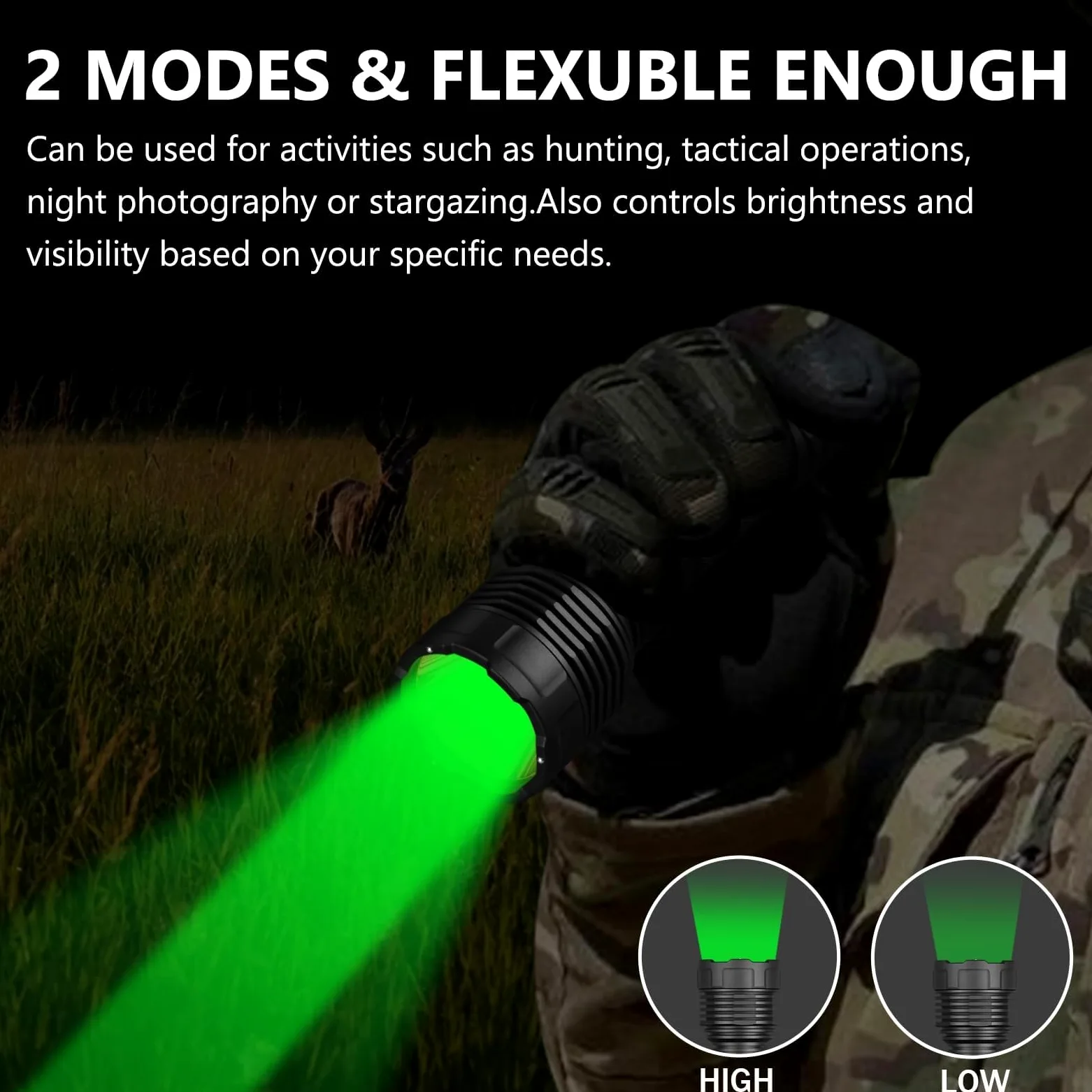 UltraFire Torcia da caccia ricaricabile, luce verde, 520-530 nm, luce verde, portata 350 metri, 2 modalità per visione notturna, osservazione selvaggia, lettura di mappe, pesca, campeggio, C15S-G