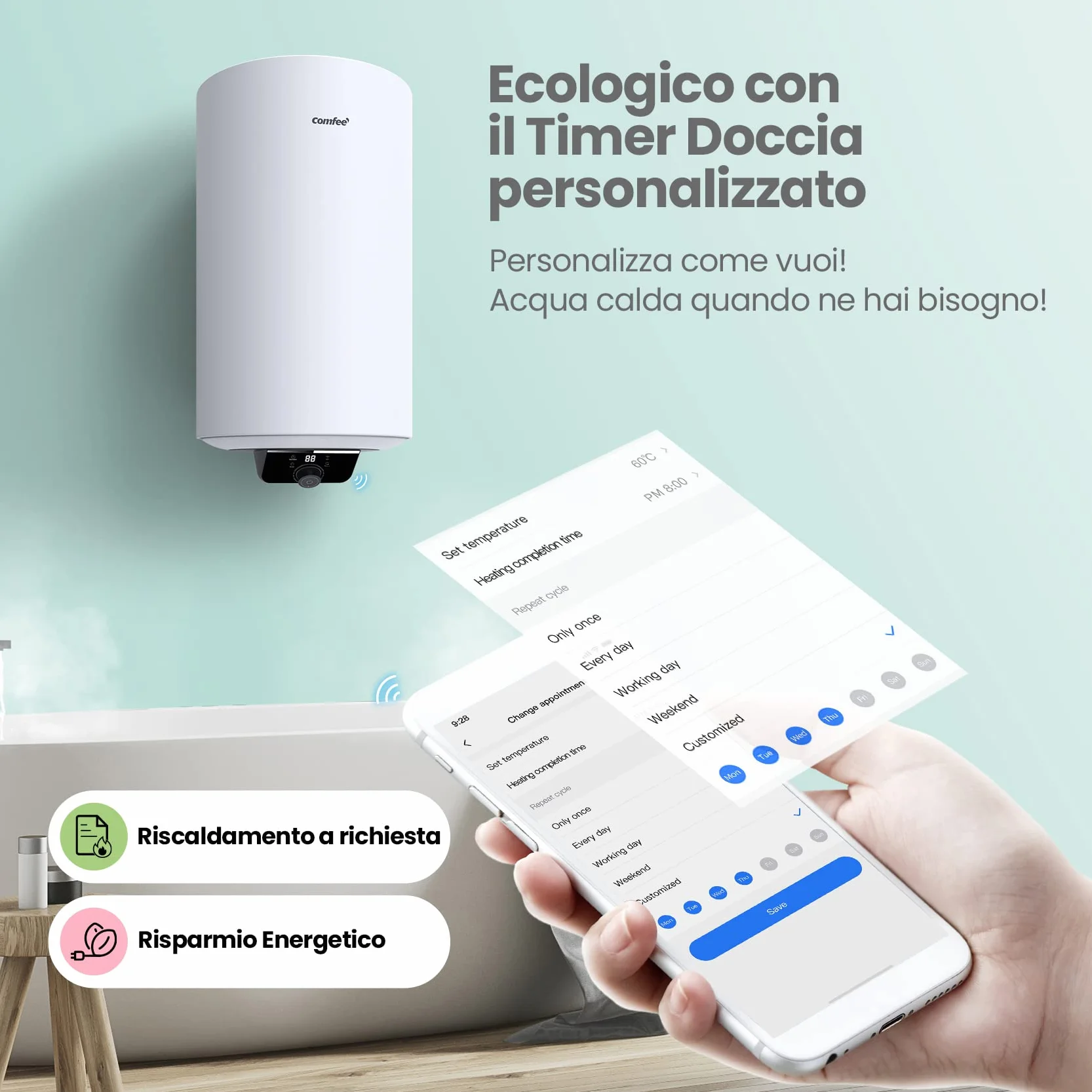 COMFEE' D50-15EFG Scaldabagno Elettrico Murale ad Accumolo 50 L – Sopra lavello ad accumulo — compatto facile da installare