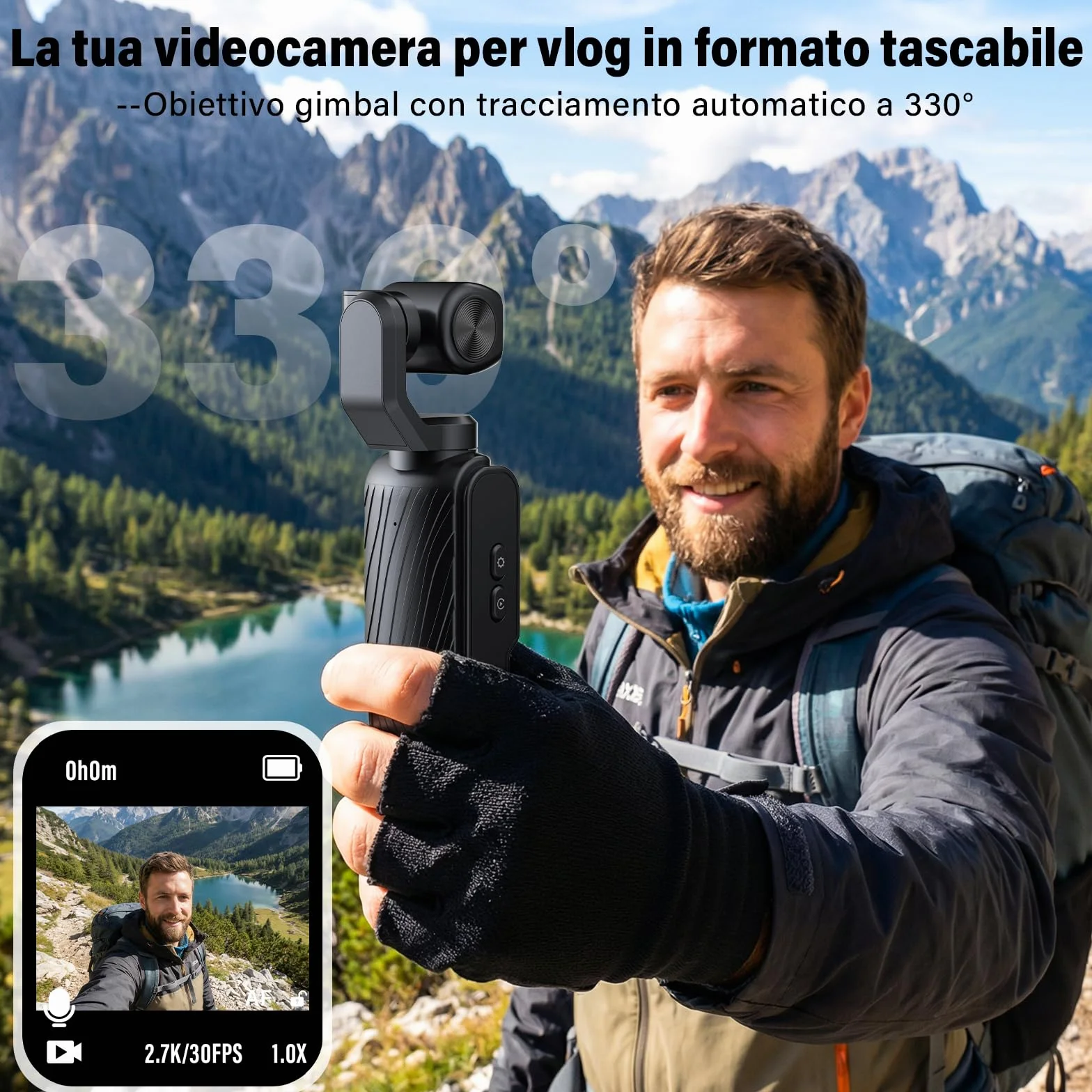 Vlog Camera, Action Cam 4K Stabilizzata con Gimbal – Touchscreen 64MP con Scheda 64GB, Stabilizzazione a 2 Assi, Tracciamento di Oggetti, Microfono Incluso, Fotocamera Digitale per Vlog