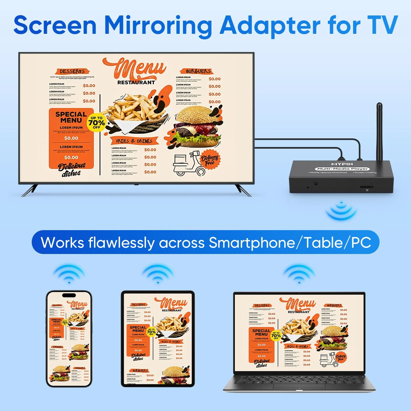 Lettore Multimediale Pubblicitario per Segnaletica Digitale o TV, Adattatore Display Wireless con Mirroring dello Schermo, Condivisione Foto, Riproduzione in Loop e Automatica