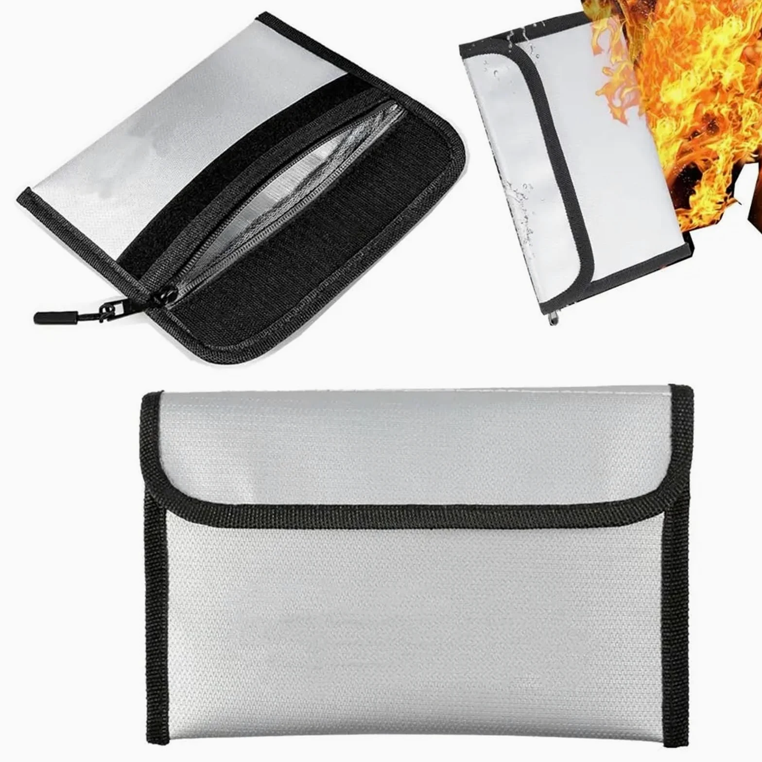 2 pezzi Borsa portadocumenti ignifuga con chiusura a cerniera, impermeabile, portatile per Documenti Passaporto(Silver)