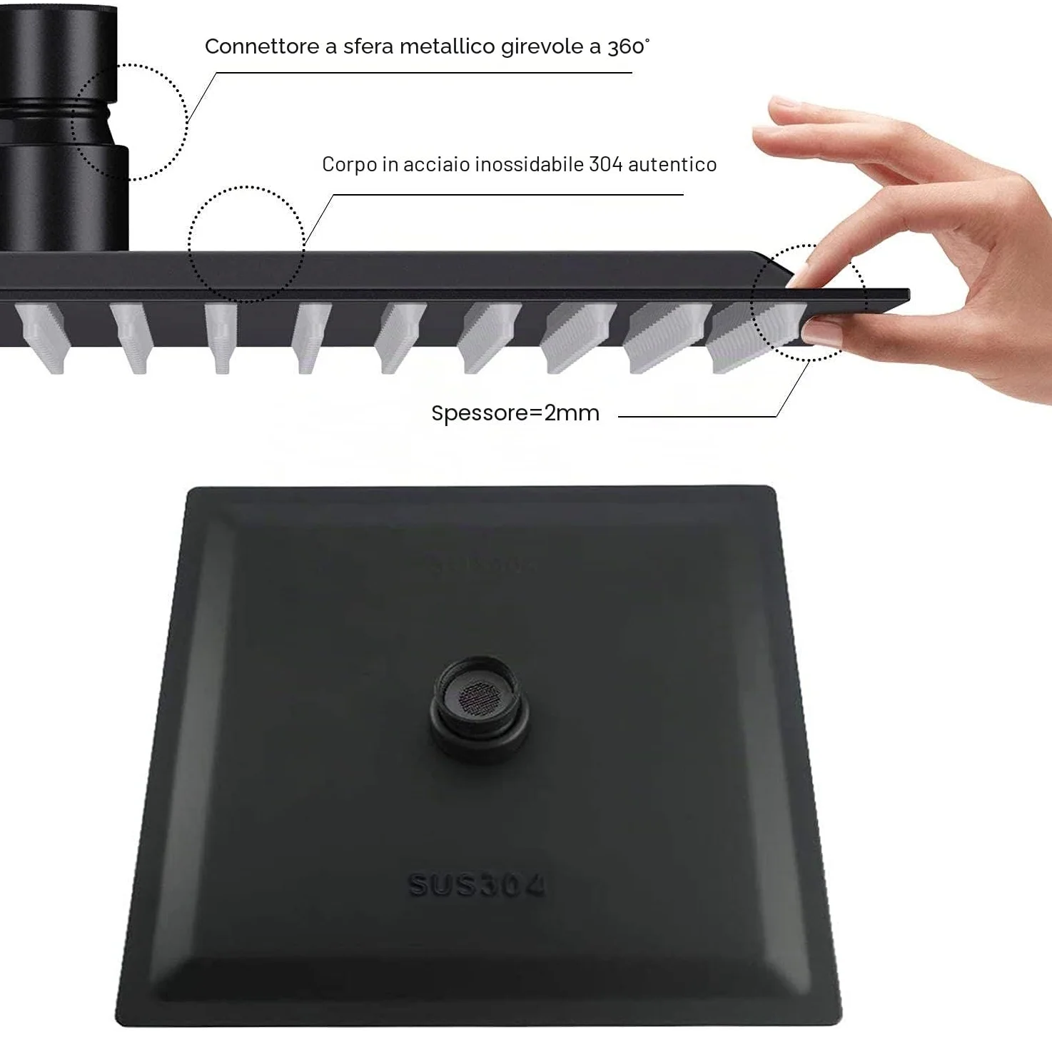 Drenky Soffione Doccia Quadrato 12 Pollici in Acciaio Inossidabile Nero - Alta Pressione, Cascata, Regolabile a 360 Gradi, Anticalcare