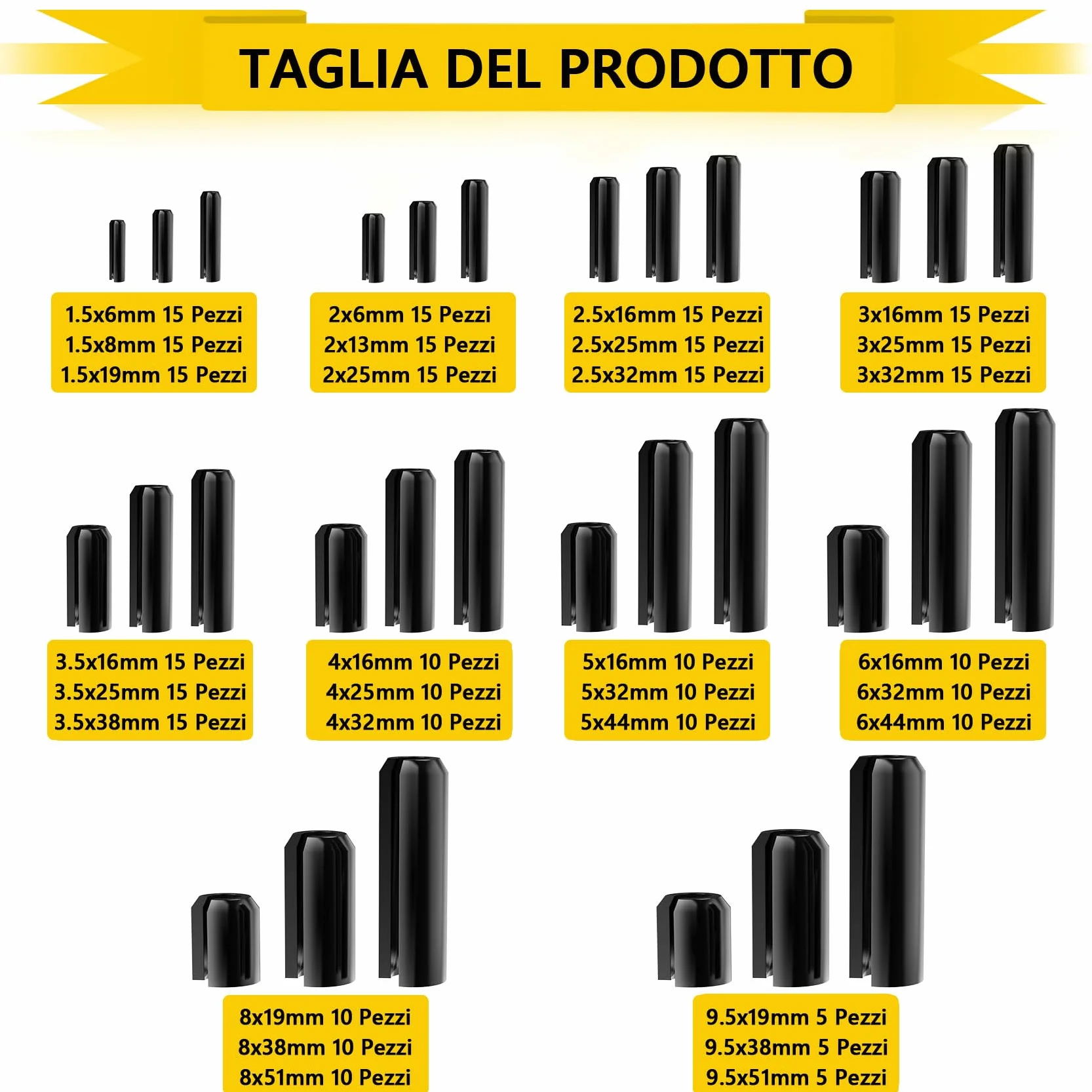 Perno di Tensione a Molla Acciaio 65Mn Assortimento Spine Elastiche M1.5-M10 360 Pezzi