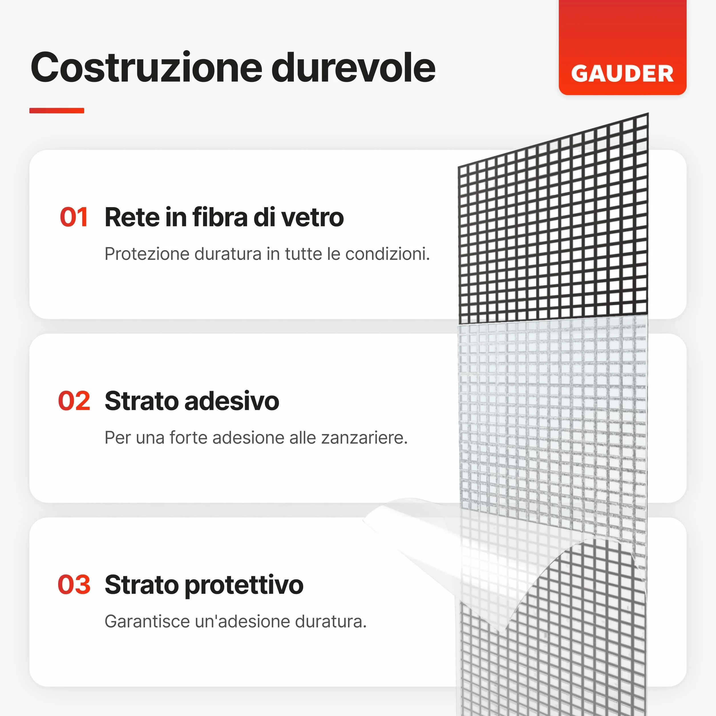 GAUDER Nastro Ripara Zanzariere Autoadesivo Fibra di Vetro 3 Pezzi 130x180 mm