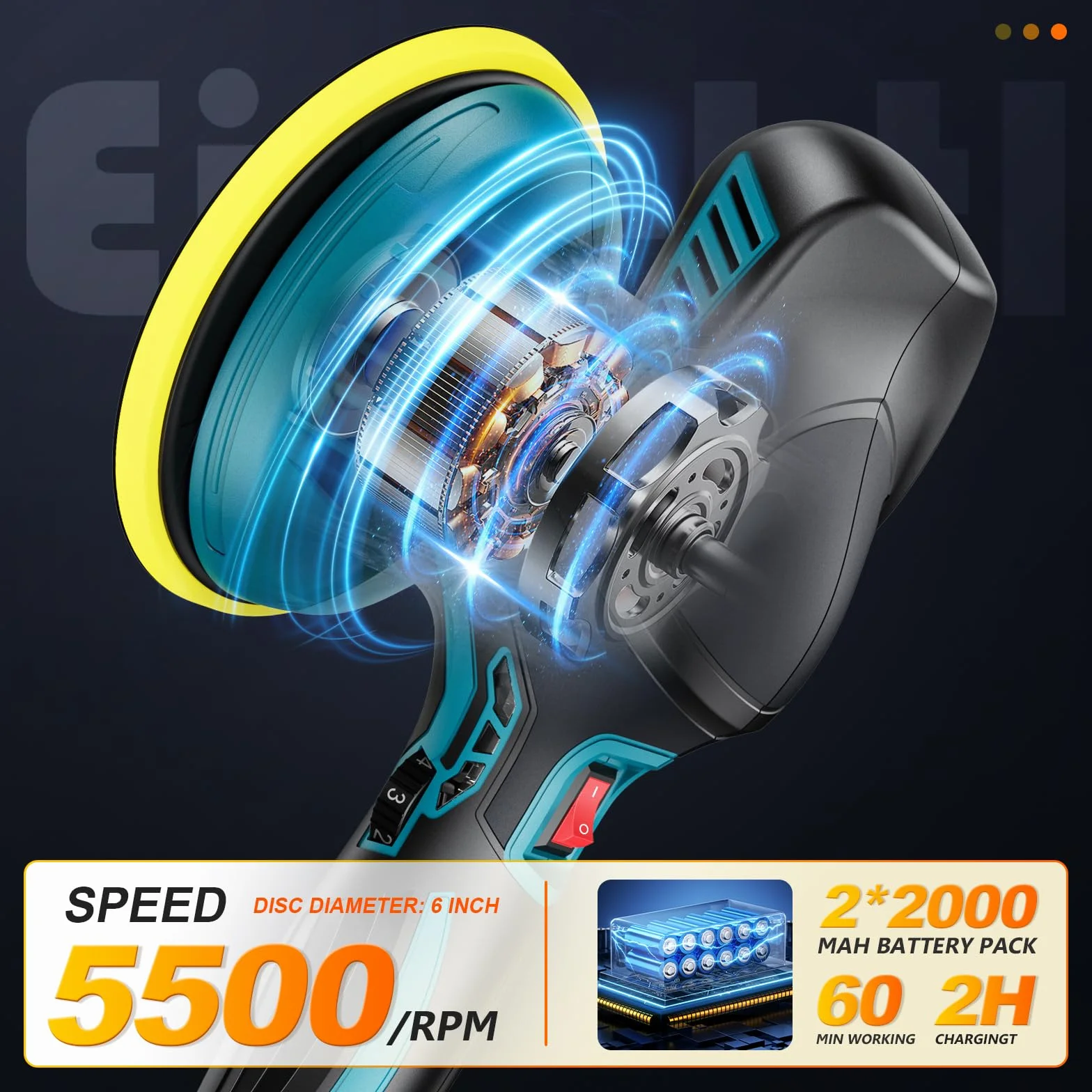 Lucidatrice Auto Rotorbitale Doppia Azione 150 mm 21V 2000mAh 6 Velocità 5500RPM Kit 13 Pezzi
