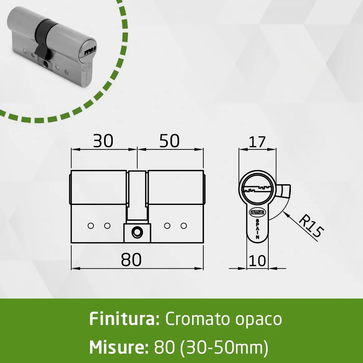 Amig - Cilindro di sicurezza - Serratura per porte - Antigrimaldello e Antibumping - Cilindro Antiestrazione e Antirottura - Include 5 chiavi - Argento opaco - Misure: 80 (30-50) mm