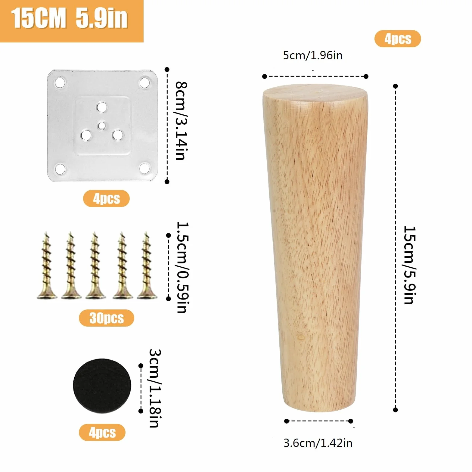 Gambe per Mobili in Legno Massello Rovere 15cm Coniche 4 Pezzi con Piastra di Montaggio
