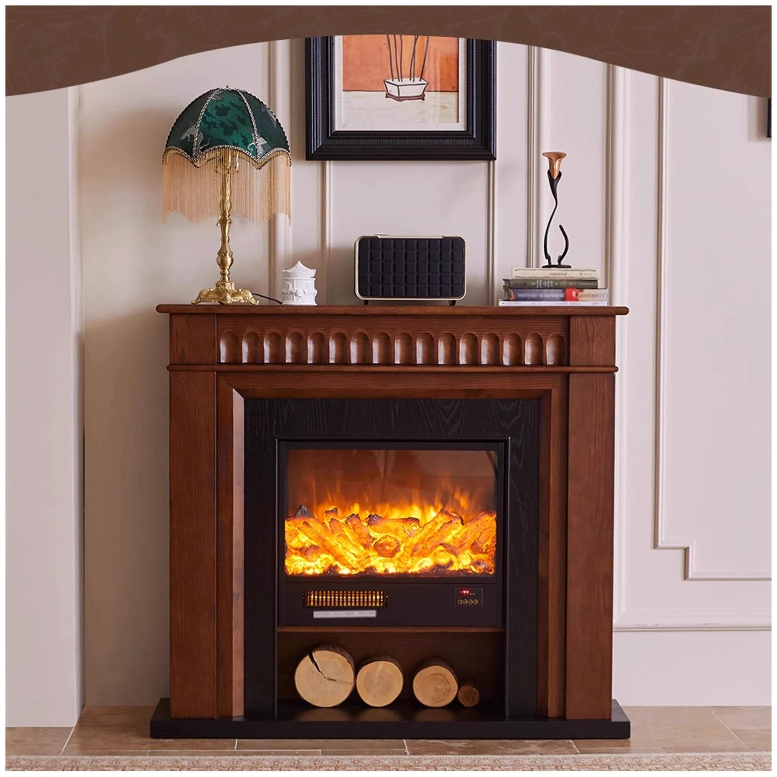 Mobile Decorativo Per Caminetto Elettrico In Legno Massello | Soggiorno Fiamma simulata 3D, registro realistico ed effetto fiamma, con telecomando(100cm/39.3in)