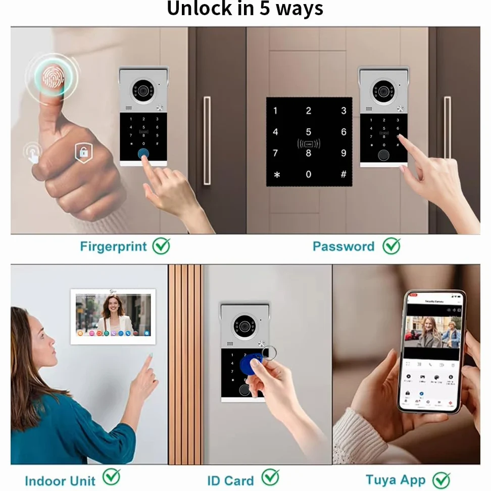 Videocitofono cablato per appartamento, monitor touch da 7 pollici con campanello 1080P, sblocco password scheda RFID con impronte digitali, monitoraggio per casa villa