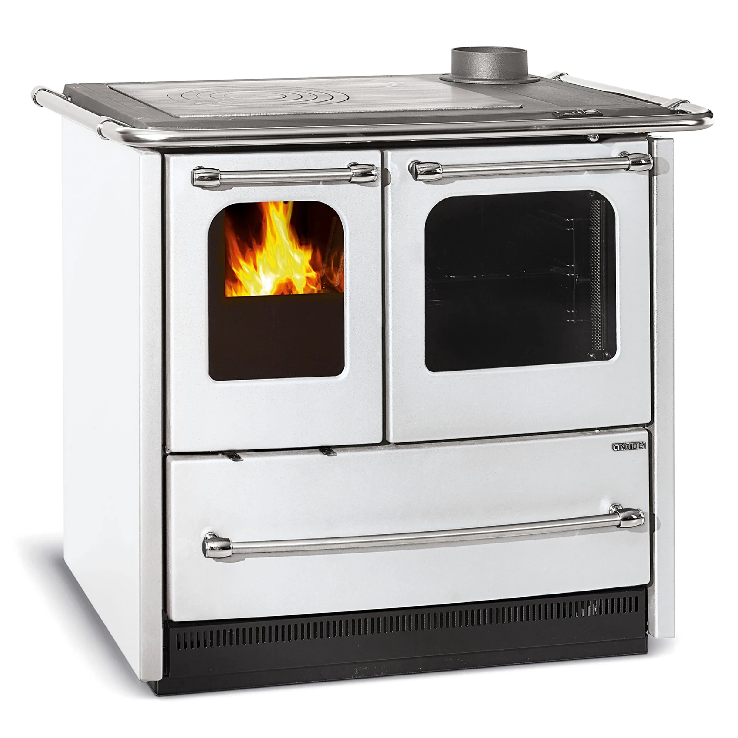 Cucina A Legna 'Sovrana Easy' Rivestimento Esterno In Acciaio Porcellanato. Telaio, Piastra E Cerchi In Ghisa. Forno Smaltato Panoramico. Cassettone Portalegna. Focolare In Ghisa Con Sistema Di Post Combustione, Griglia Fuoco In Ghisa. Porta Fuoco Con Dop