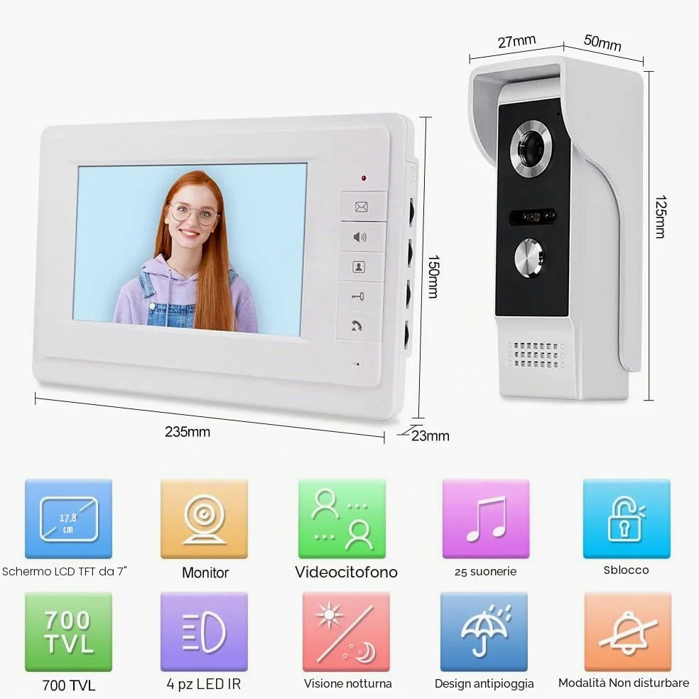 7'' TFT LCD Colori Videocitofono Campanello System 2 Monitors Doorbell + 700TVL Telecamera per Esterni IR Visione Notturna per Casa