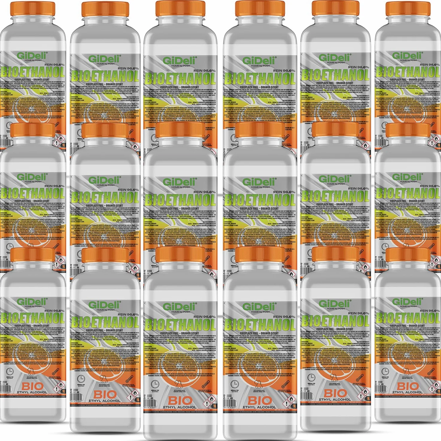 GiDeli bioetanolo 18 x 1 l profumo d'arancia, 96,6% etanolo per camini interni ed esterni, senza fumo e fuliggine, da mais e barbabietola da zucchero