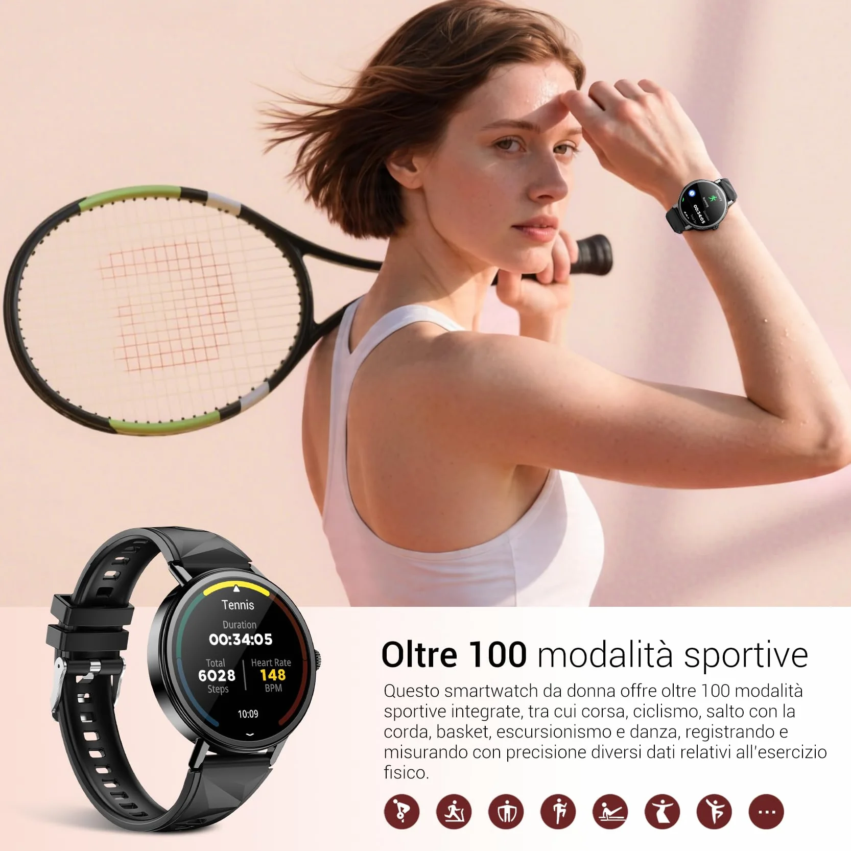 Blackview Smartwatch Donna, Effettua e Rispondi alle Chiamate, Orologio Smartwatch Fitness con 1.26' HD 112+ Sportive/SpO2/Monitoraggio del Sonno/Cardiofrequenzimetro per Android IOS
