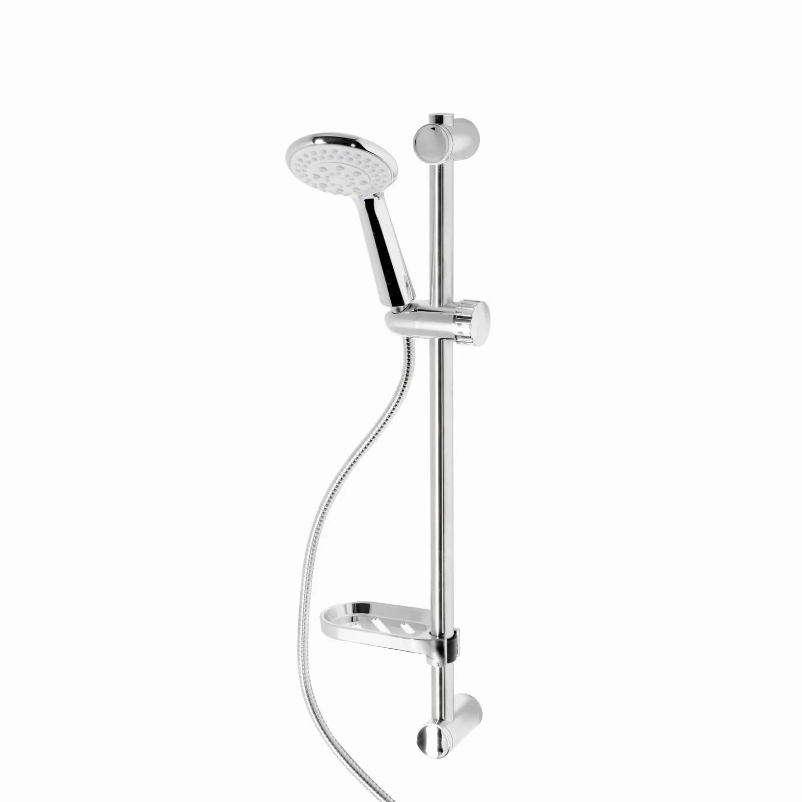 Set doccia saliscendi con doccetta multigetto, asta regolabile, soffione anticalcare, portasapone – attacco universale 1/2 realizzato in ABS - Cromato - 10,5x10,5x62 cm