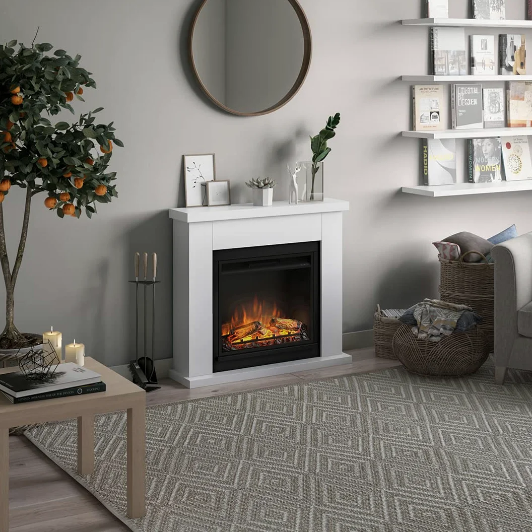TAGU Frode Camino elettrico con PowerFlame, riscaldamento e termostato, timer 7 giorni, effetto fiamma LED, telecomando (Bianco puro)