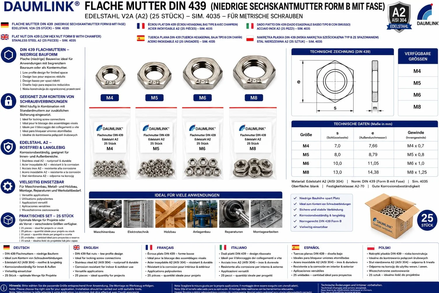 Dado esagonale sottile DIN 439 forma B A2 V2A acciaio inox M6 25 pezzi