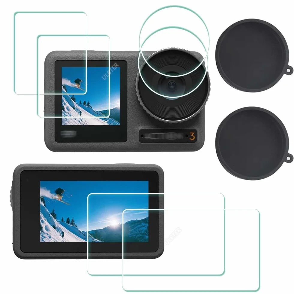 ULBTER Pellicola protettiva per DJI Osmo Action 3 + copriobiettivo, protezione in vetro temperato, 0,3 mm, durezza 9H anti-sfregamento, anti-impronte, anti-bolle [2+6 pezzi]