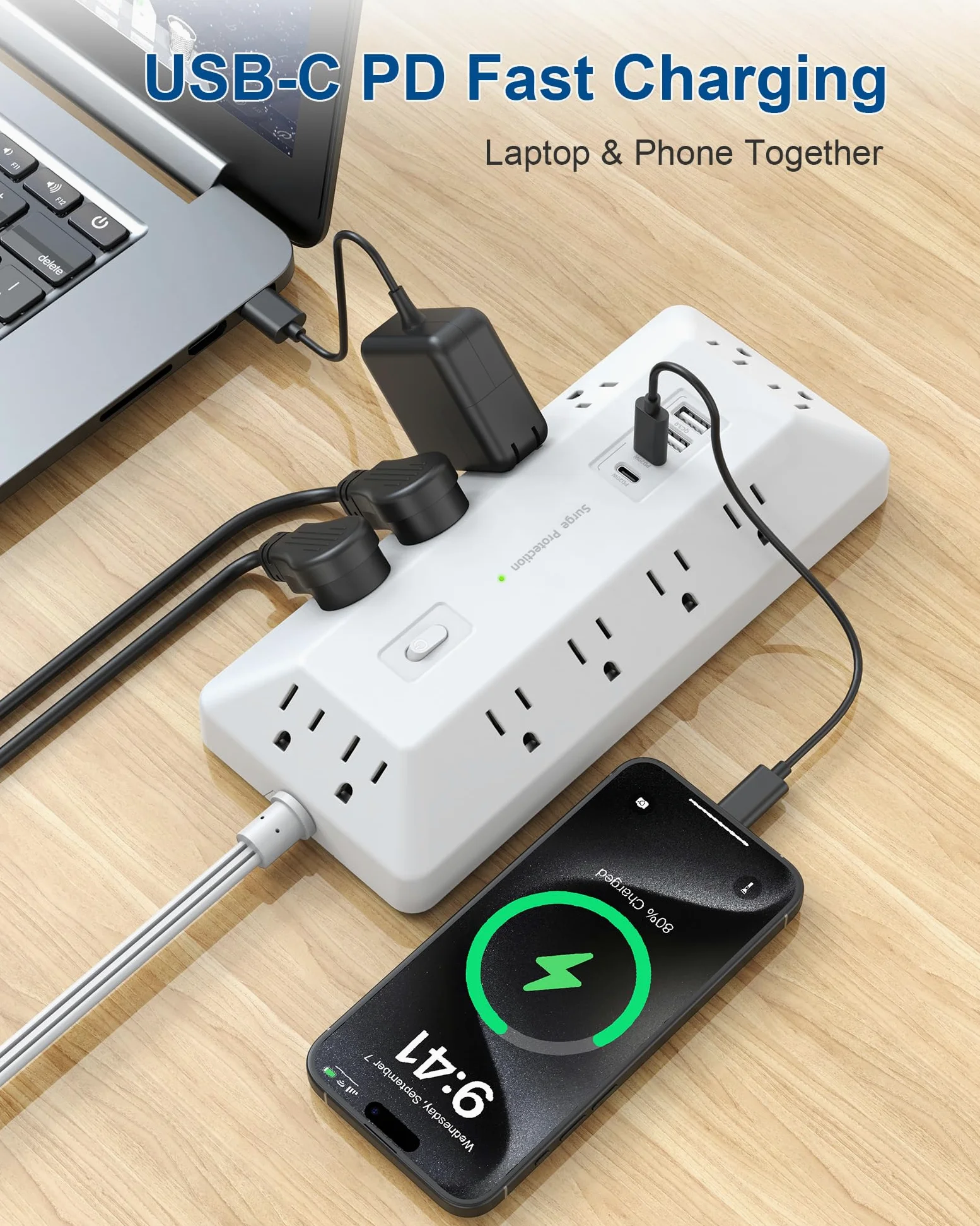 Ciabatta per computer con protezione da sovratensioni, 12 prese AC, 2 USB-C 2 USB-A, cavo di prolunga piatto da 1,8 m per stazione di ricarica