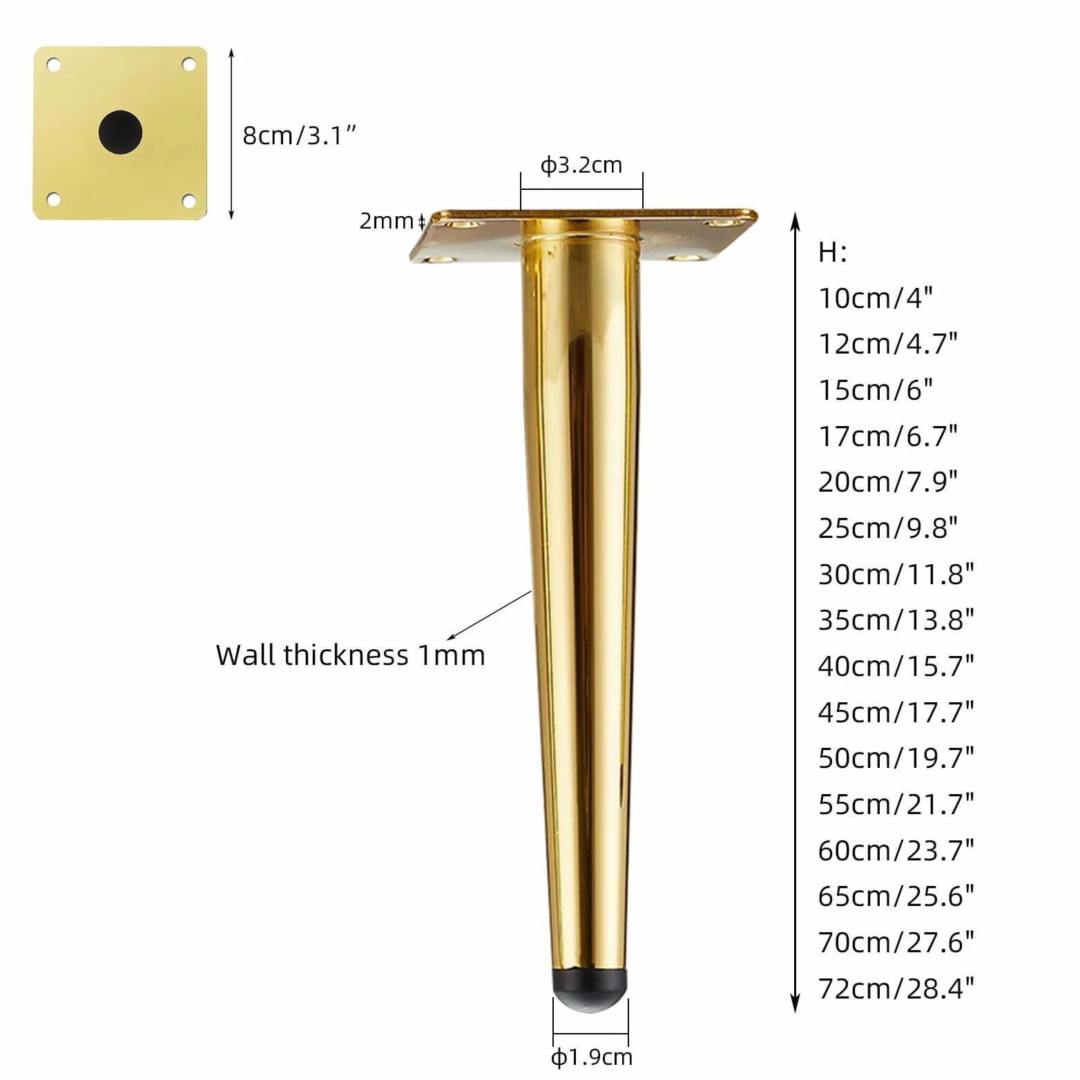 Gambe per Mobili Piedini Conici Dorati 4 Pezzi Supporto per Tavolo Conico Superficie Galvanica In Acciaio Laminato A Freddo Altezza Piedini per Divano: 10-72 cm Piedini per Mobile 50 cm/19,7"