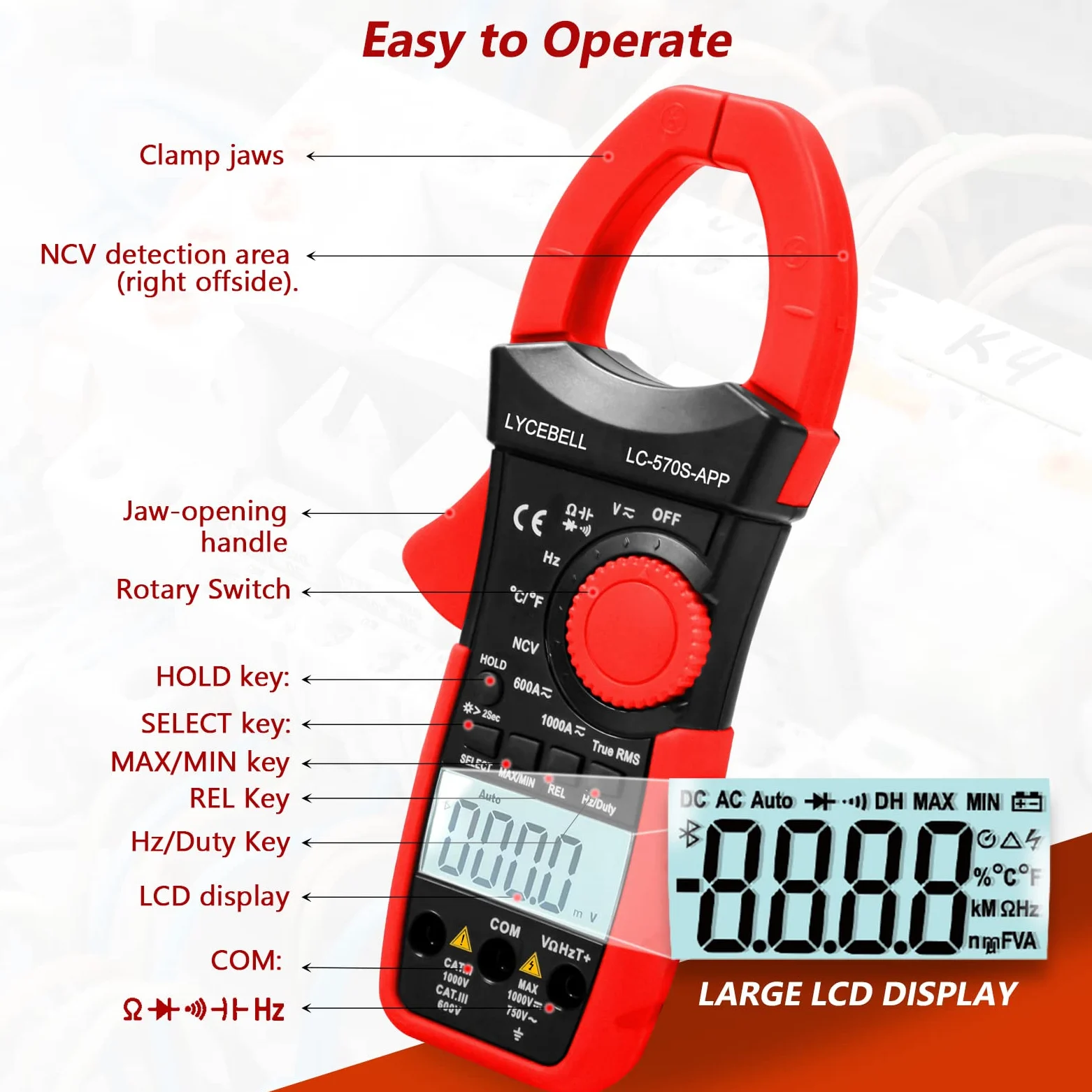 Pinza Amperometrica, LC-570S-APP Bluetooth Multimetro a Pinza TRMS per AC/DC Corrente Tensione Resistenza Cap Frequenza Diodo Continuità Temperatura NCV con Retroilluminazione