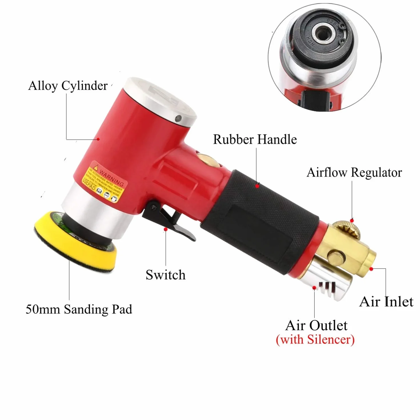 Smerigliatrice eccentrica angolare pneumatica Lucidatrice Mini lungo rettilineo rosso 50 mm 75 mm Disco abrasivo