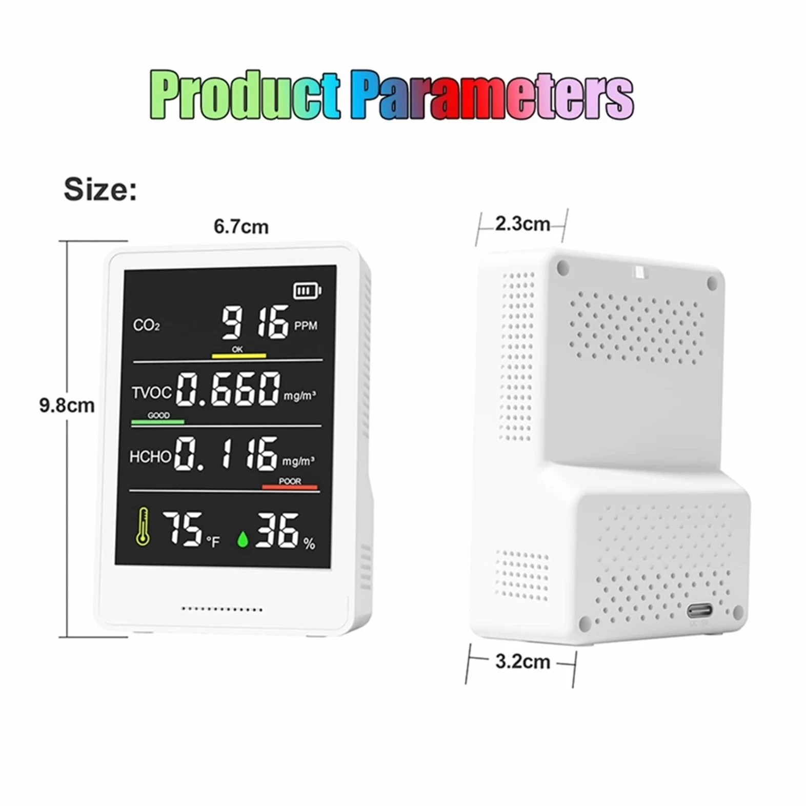 Tester del monitor della qualità dell'aria Rilevatore di CO2, TVOC, HCHO, Contatore particelle umidità e temperatura for auto domestica Per cucina e camper