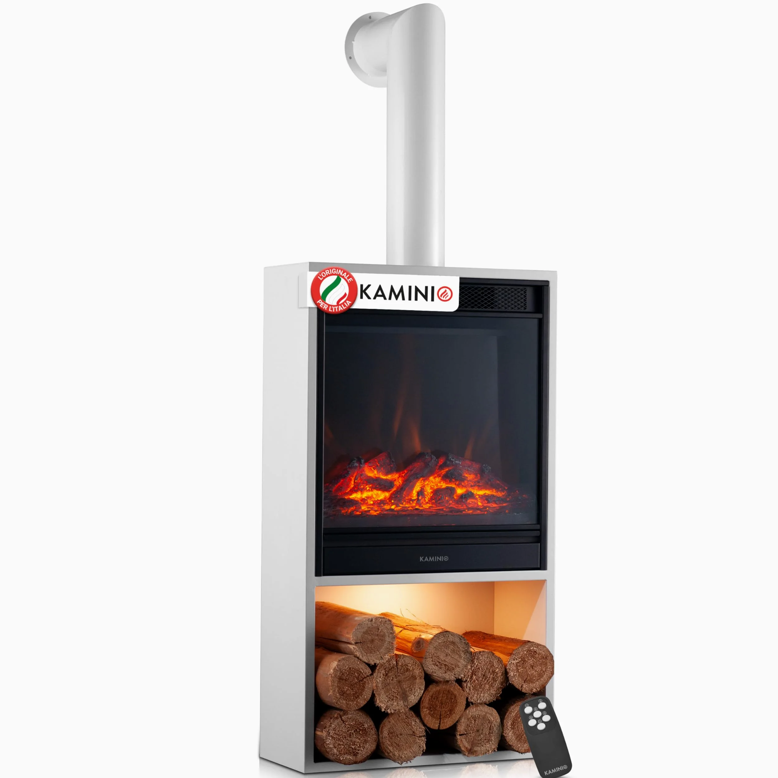 KAMINIO Camino elettrico HUGO con tubo del camino - Stufa elettrica con riscaldamento, effetto fiamma 3D, luce ambiente a LED, scomparto de legno, telecomando (Bianco)
