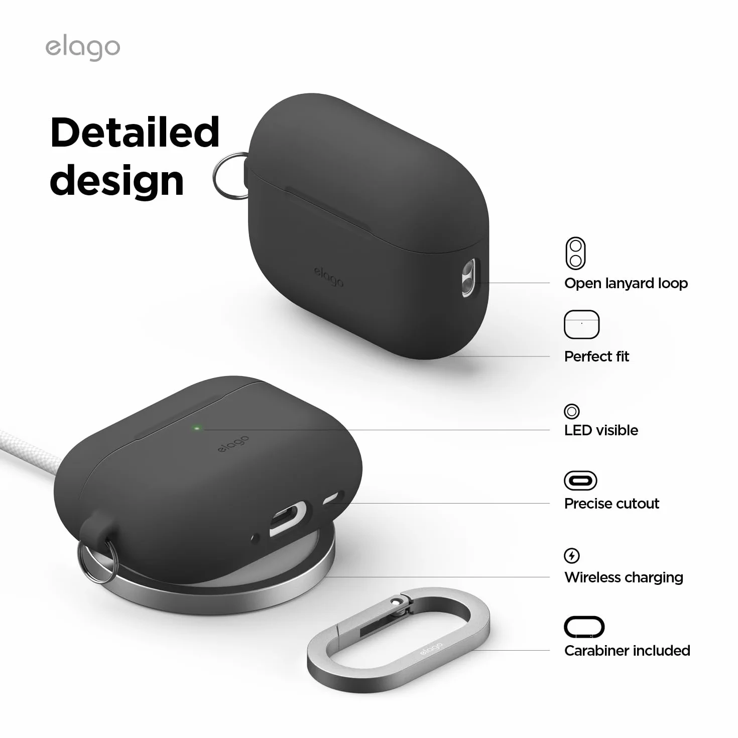 elago Custodia in Silicone Premium per AirPods Pro 3, Compatibile con Ricarica Wireless, Morbido, Protezione Totale, LED Frontale Visibile, con Moschettone (Nero)