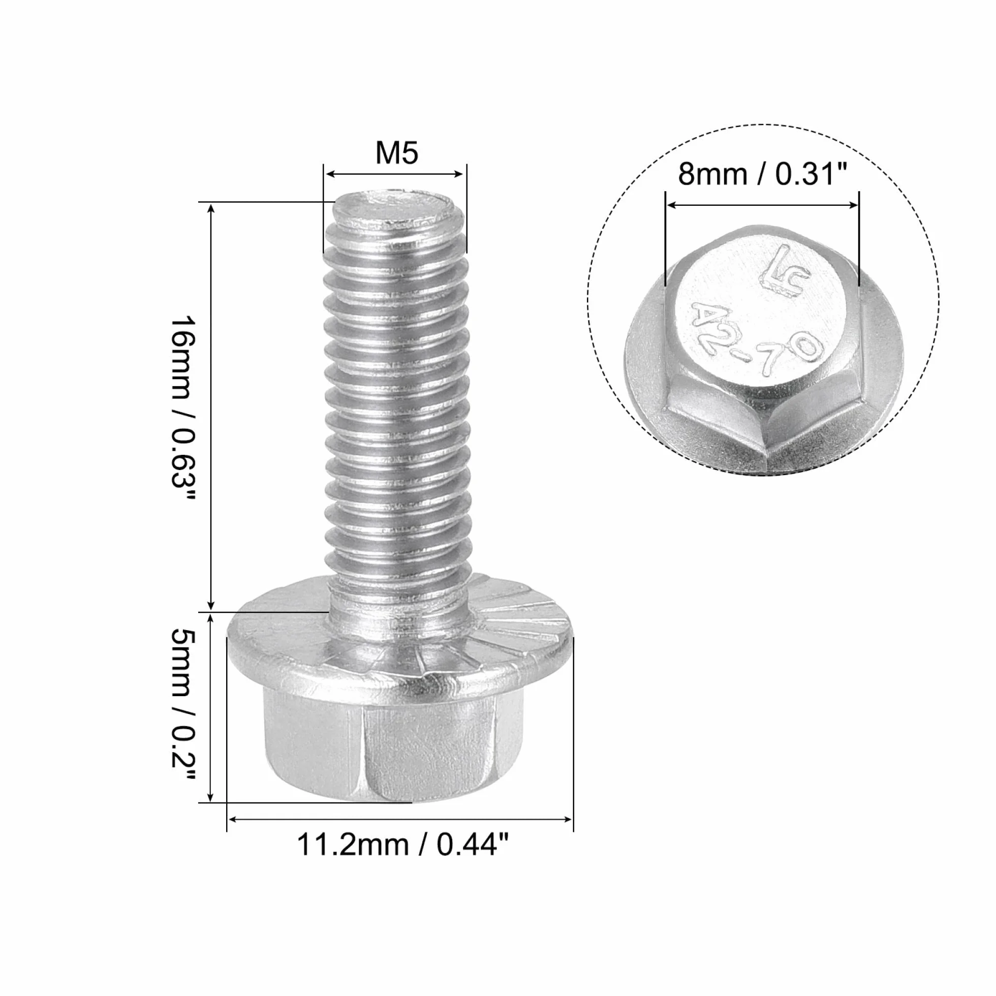Bulloni esagonali con flangia seghettata M5 x 16 mm acciaio inox 304 25 pezzi