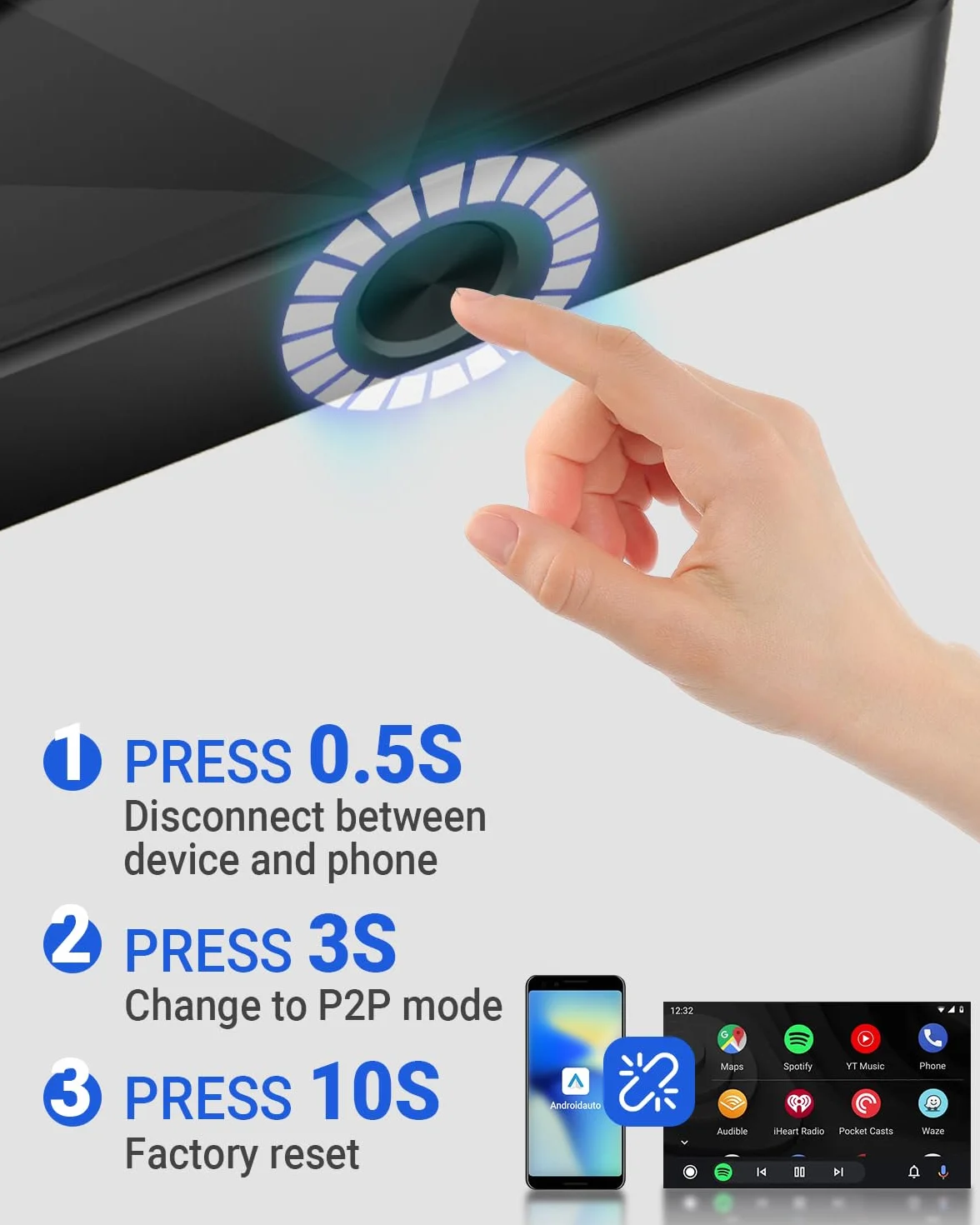 OTTOCAST Adattatore Wireless Android Auto per Auto Cablate, Dongle Android Auto Wireless, Dual Band Wi-Fi a Basso Ritardo, Aggiornamenti Online, Plug and Play per Auto Android Cablate di Fabbrica