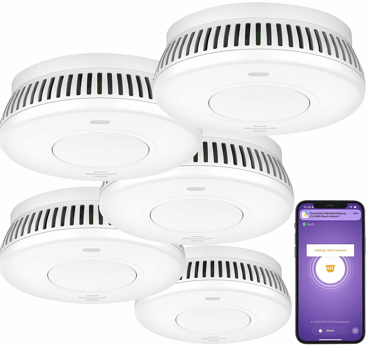 VisorTech rilevatore fumo tuya: set da 5 Rilevatore di fumo WLAN, batteria integrata di 10 anni, 85 dB (set, allarmi antincendio, radio)