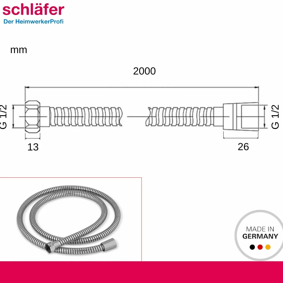 Schläfer 807690 | Flessibile Doccia 2,00 metri Connessione Universale G 1/2" Tubo Flessibile Doccia 200 cm in Plastica, Flessibile Metaflex Argento, Tubo Spiro-Flex, Ottima Resistenza Antipiega