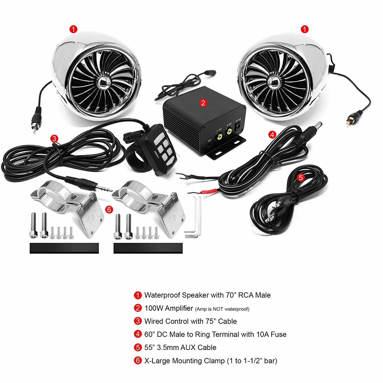 M150 Moto Sistema Audio Amplificatore con AUX, MP3, Radio FM, 4 pollici Impermeabile Bluetooth Altoparlanti Stereo, Adatto per 1-1.5 in. Manubrio Moto ATV UTV RZR (Chrome, Ventilatore)