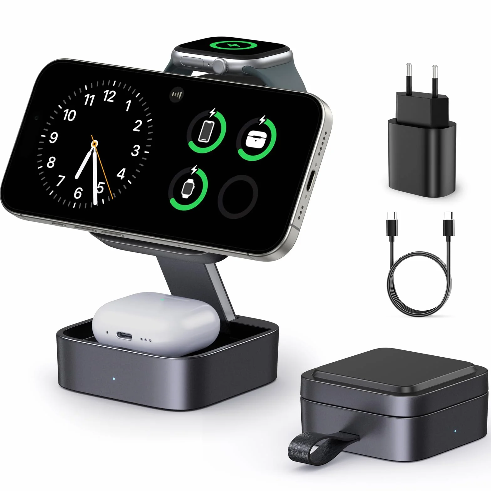 Stazione di ricarica 3 in 1 per Apple, caricabatterie da viaggio magnetico pieghevole veloce compatibile con Mag-Safe per iPhone 17e/17/16/15/14/13/12/Air, Apple Watch & AirPods Pro/4/3/2