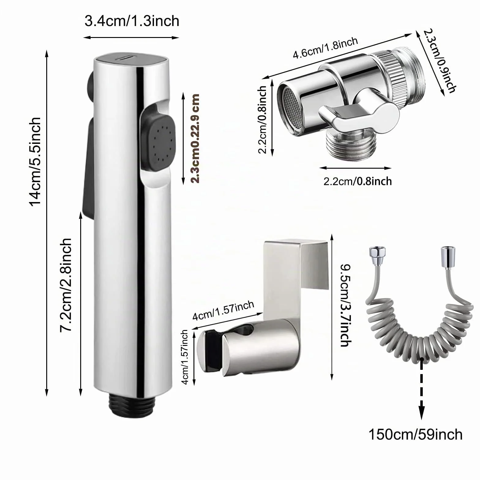 Kit Doccetta per Bidet Portatile ABS Spruzzatore WC Doppia Modalità Doccia Deviatore 2 Vie Tubo Flessibile 150 cm Supporto