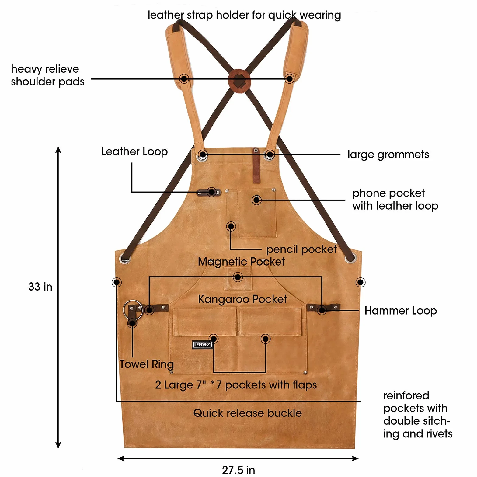 LEFOR·Z Grembiule da Lavoro,Grembiule Falegname,Grembiule da Falegname Uomo con Cinghie Incrociate Sul Retro,Dieci Tasche,Grembiule per Attrezzi In Tela Cerata,Regolabile da M a XXL,Marrone
