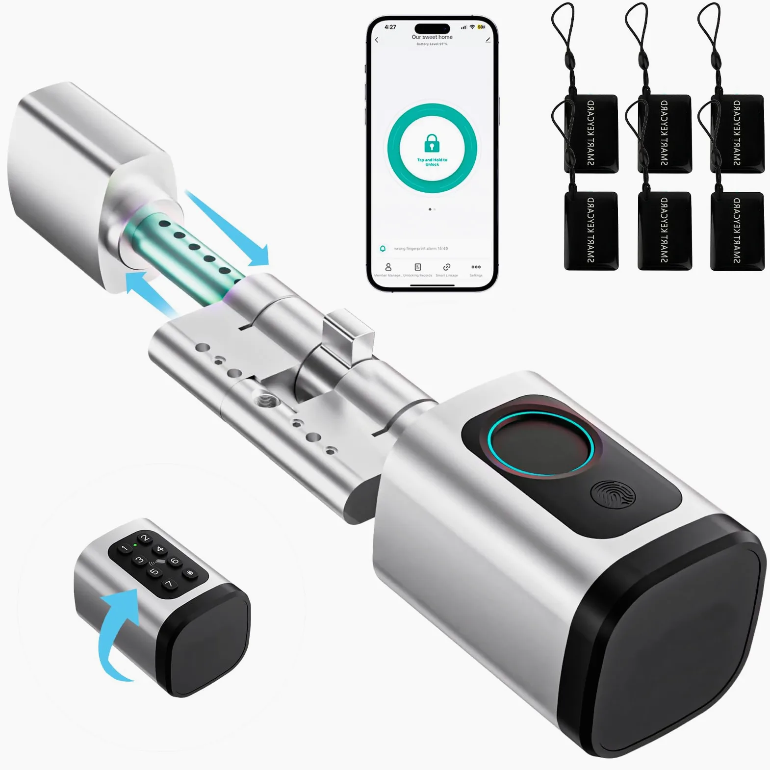 Serratura smart, serratura elettrica porta blindata con impronta digitale, lunghezza regolabile serratura elettrica con scheda RFID, app, WiFi, Bluetooth, 60–90 mm, accessori di prolunga, argento